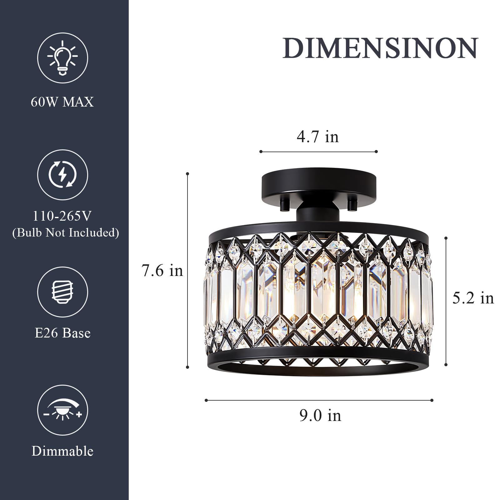 Modern Crystal Black Ceiling Light - 9 Inch Round Semi Flush Mount Lighting Fixture for Kitchen, Bedroom, Hallway & Entryway - Elegant 1-Light Design for Home & Office Decor