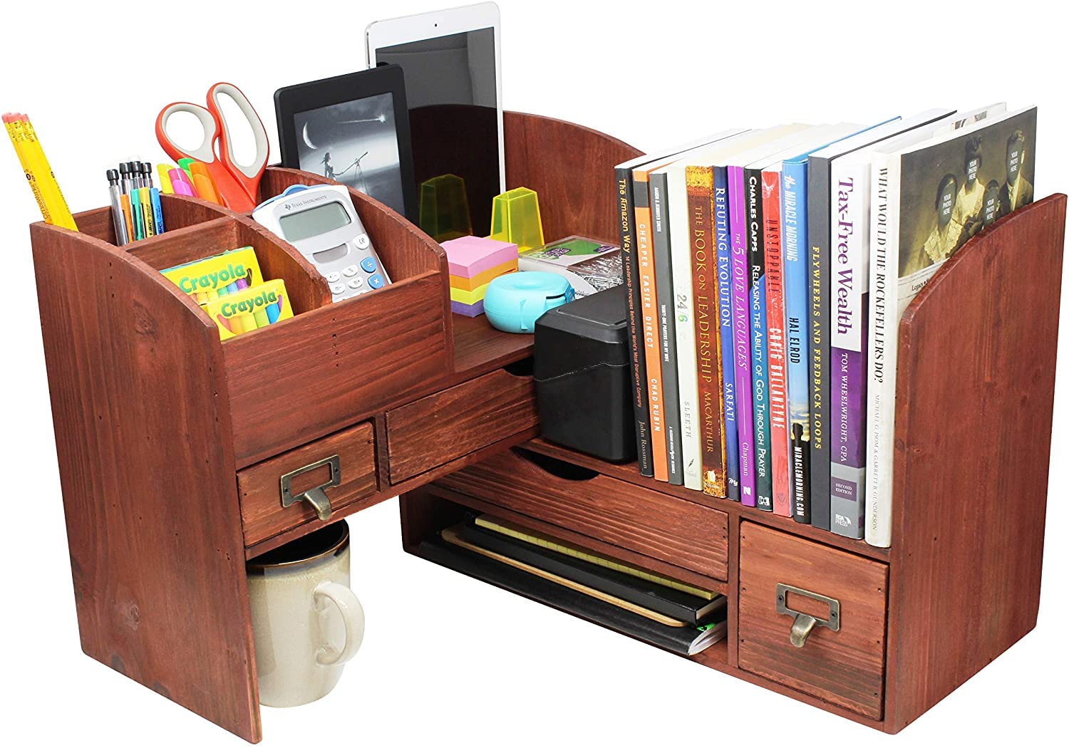 Premium Adjustable Wooden Desk Organizer - Cherry Wood Storage Shelf for Office Supplies, Mail & Accessories - Perfect for Home Office, Workspace & Countertop Organization