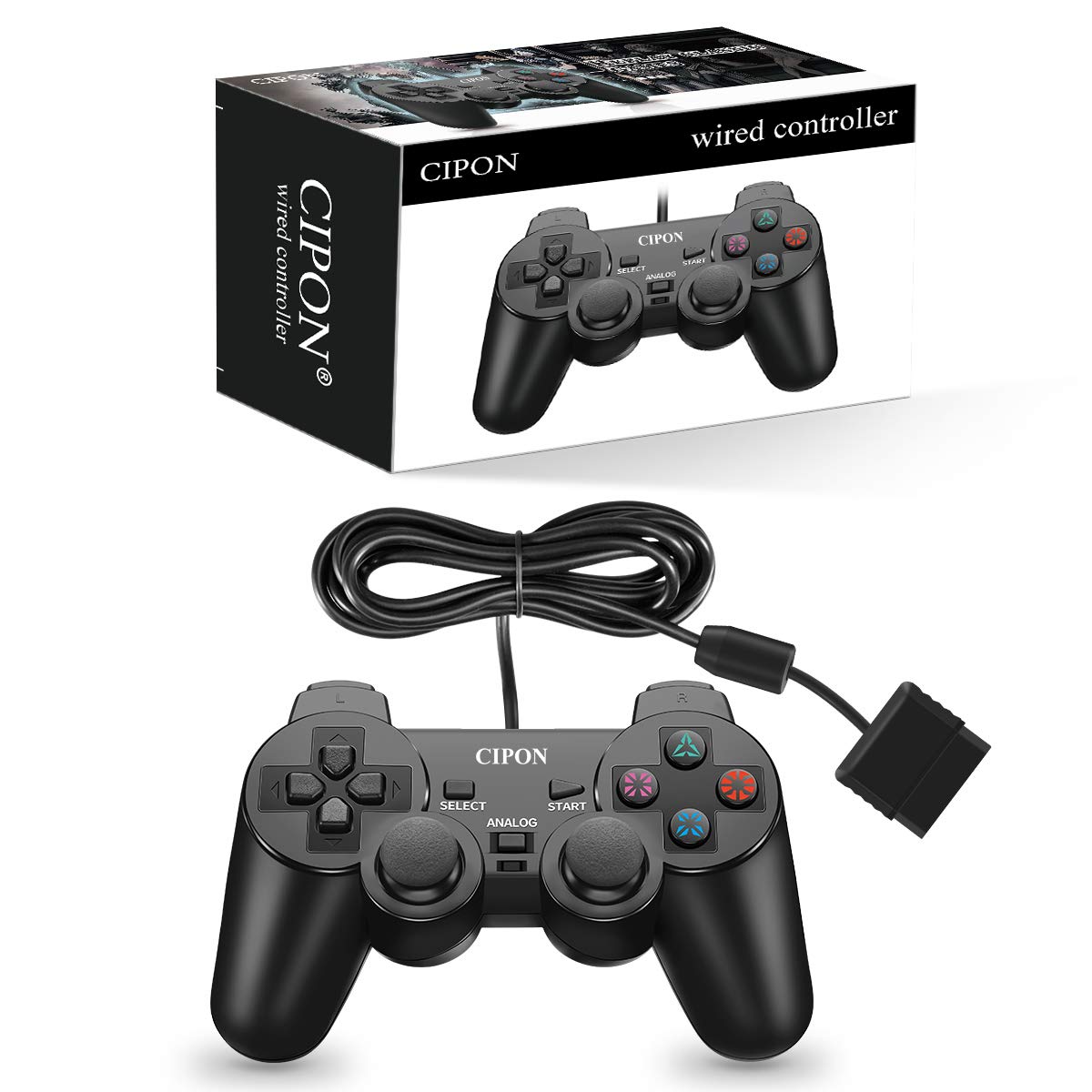 Cipon Wired PS2 Controller - Black Gamepad with 71 Inch Cable for PlayStation 2 Console | Perfect for Retro Gaming, Fighting Games & Multiplayer Sessions