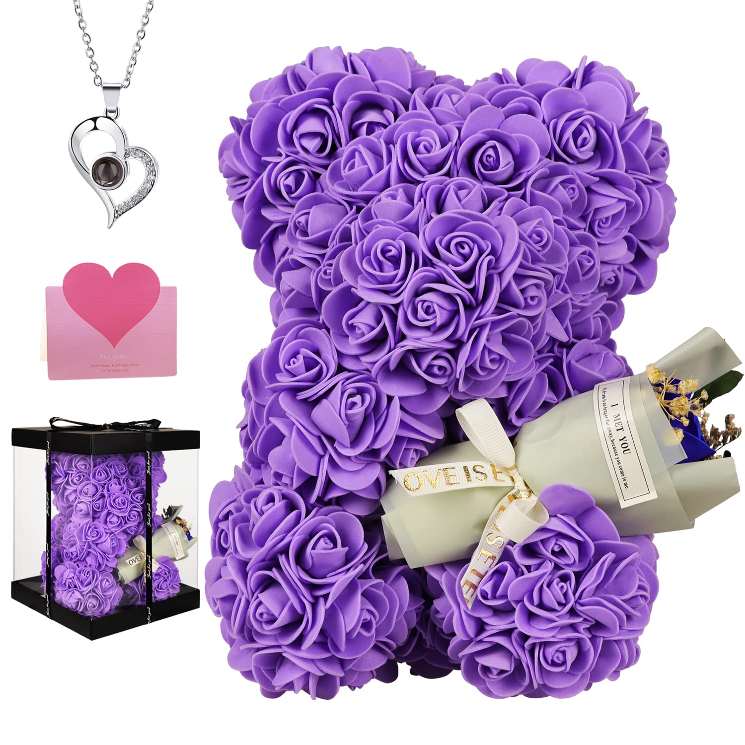 Purple Rose Bear Gift Set - Artificial Rose Teddy Bear with Bouquet & Greeting Card for Mother's Day, Birthday, Anniversary | Perfect Gift for Women, Wife, Mom, Grandma | Home Decor, Wedding Centerpiece, Romantic Present