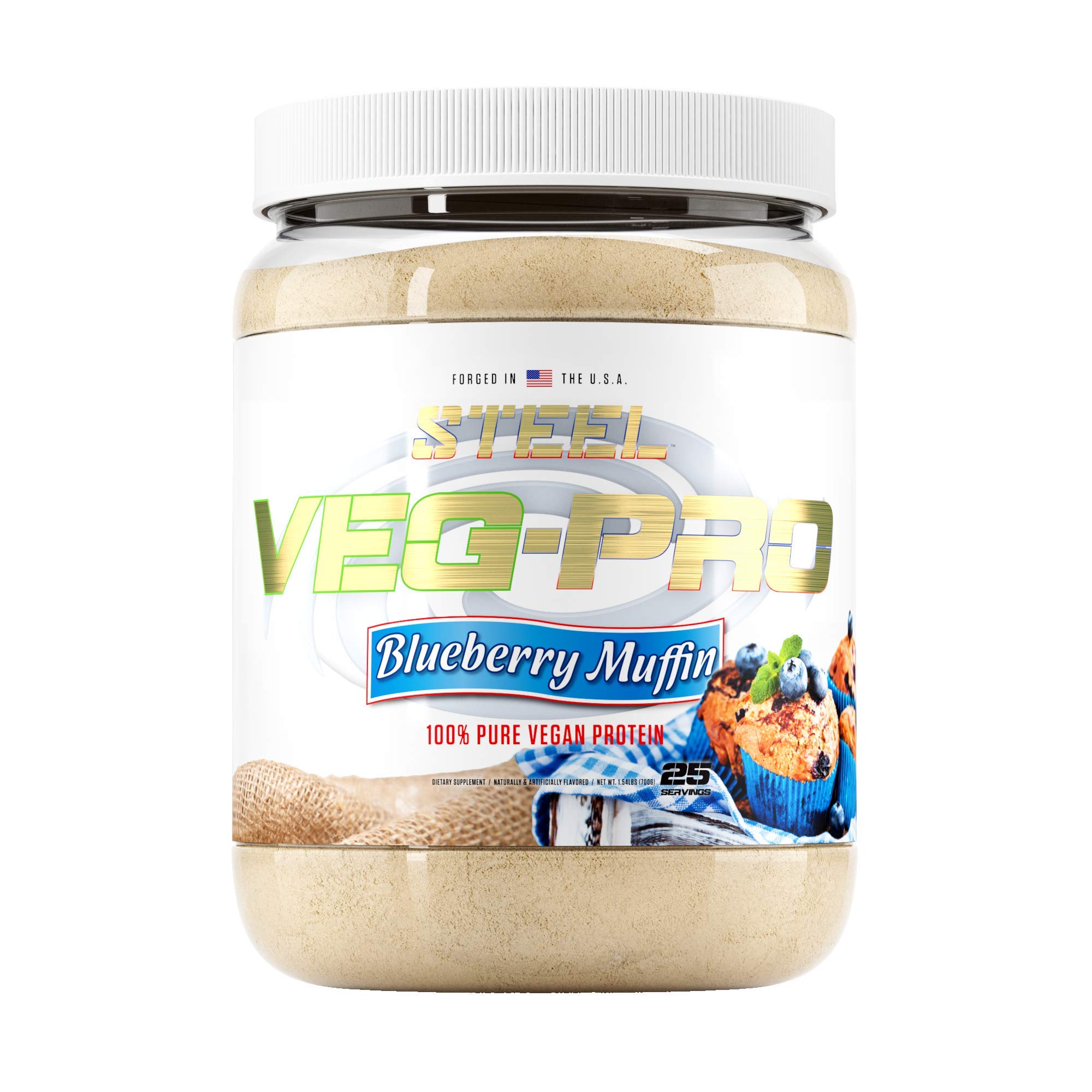 Steel Supplements Veg-PRO Vegan Protein Powder - Blueberry Muffin Flavor | Organic Pea Protein, Gluten Free, Dairy Free, Soy Free, Non GMO with BCAA Amino Acids (25 Servings, 1.65lbs) - Perfect for Post-Workout Recovery & Muscle Building