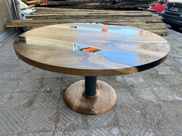 Handmade Custom Round Epoxy Resin Walnut Dining Table with Solid Wood Base - Perfect for Kitchen, Dining Room, and Modern Home Decor