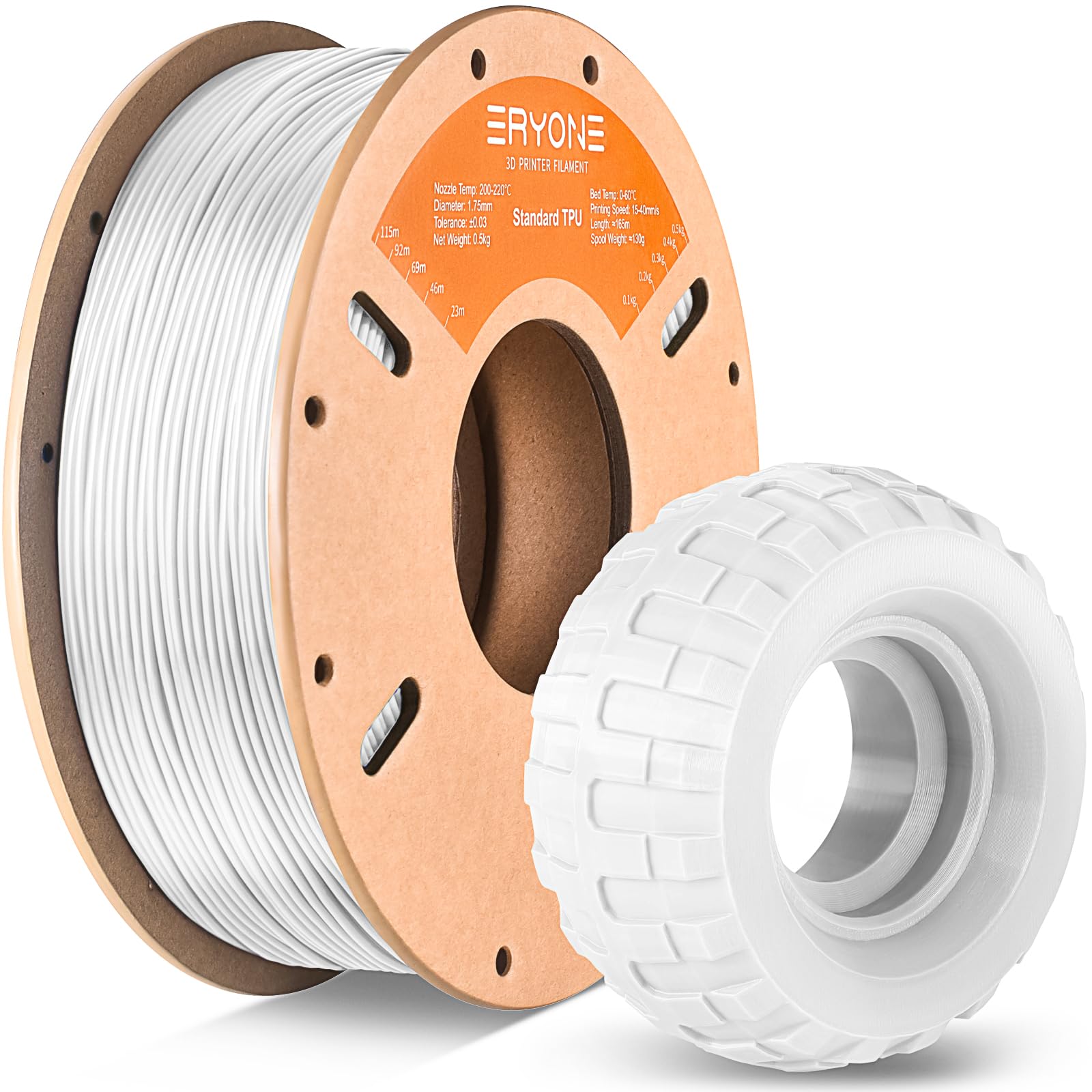 ERYONE 1.75mm TPU Filament for 3D Printing - High Precision +/-0.03mm, 95A Shore Hardness, 0.5kg (1.1 LBS) Spool - White - Perfect for Flexible Prints, Phone Cases, Wearables & Industrial Prototypes