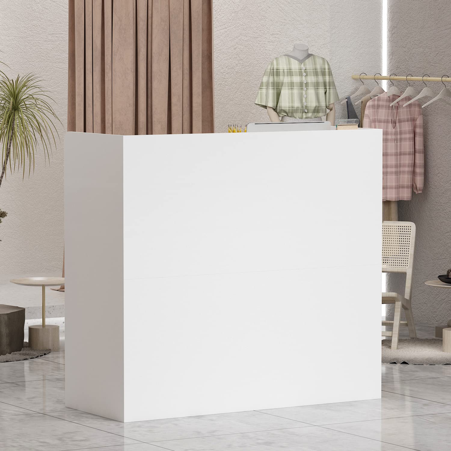 Wooden Reception Desk with Open Shelf & Lockable Drawers - Office Furniture for Reception Rooms (White)