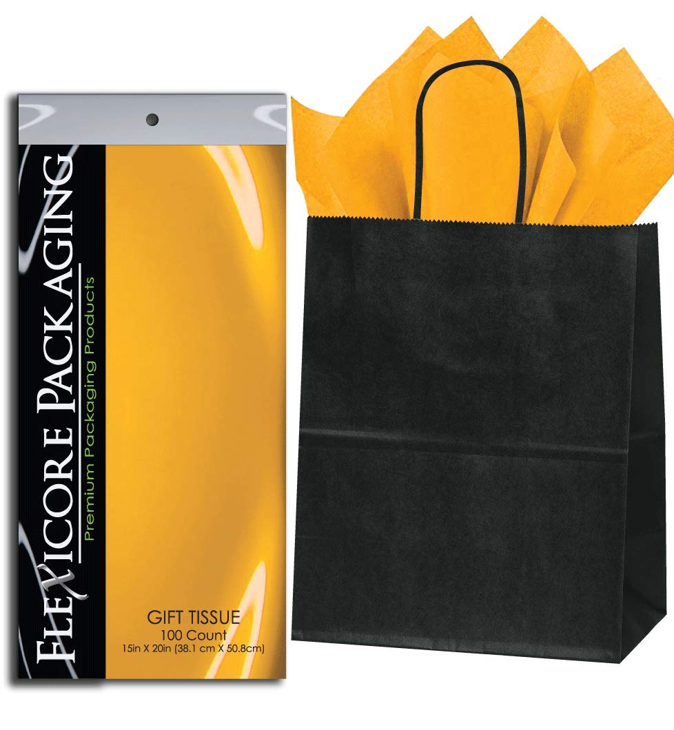 Premium Black Kraft Paper Gift Bags with Goldenrod Yellow Tissue Wrap - 8