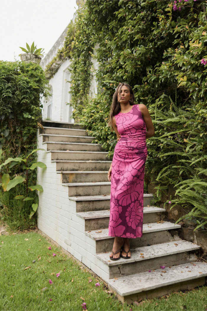 Persephone Berry Floral Mesh Sleeveless Midi Dress for Women - Summer Beach Party, Wedding Guest, Cocktail Dress - Elegant Flowy A-Line Dress with Floral Print