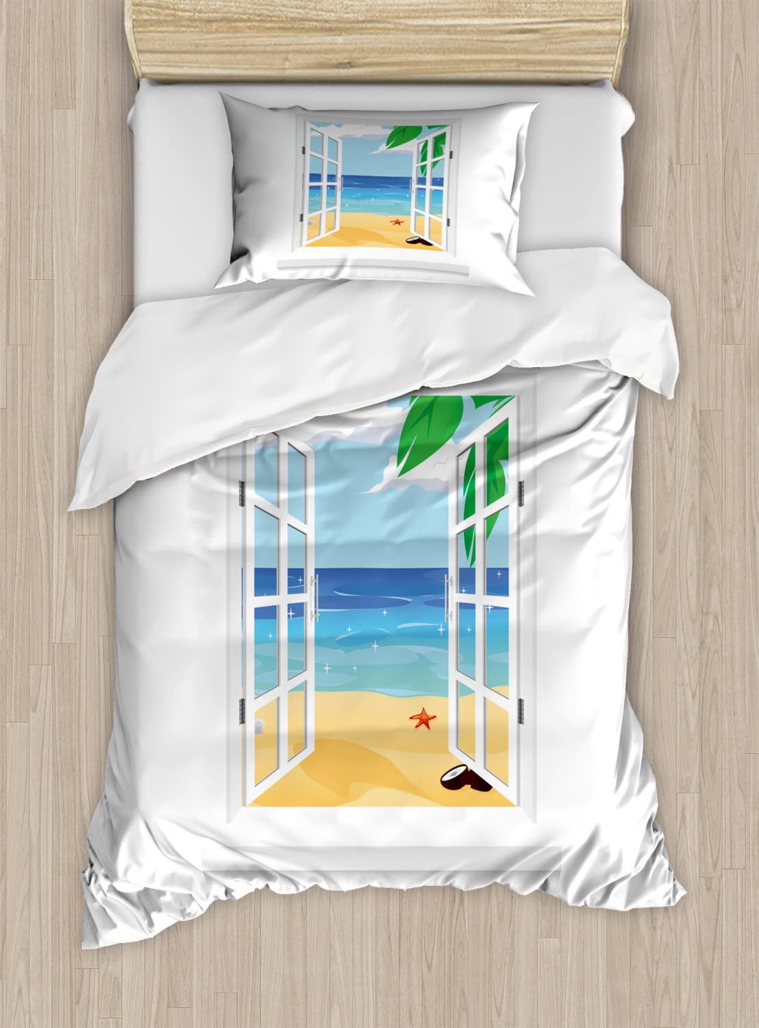 Ambesonne Beach Themed Duvet Cover Set - Ocean View with Coconut Leaves & Starfish Cartoon Design | 2-Piece Queen Size Bedding Set with 4 Pillowcases | Blue, Sand, Brown & White | Perfect for Coastal Bedrooms, Vacation Homes & Tropical Decor