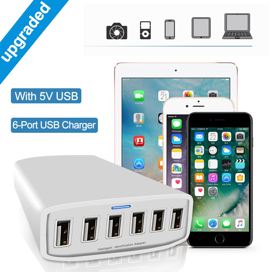 BTBS 60W 12A 6-Port USB Charging Station with iSmart Technology - Fast Multi-Port Desktop & Travel Wall Charger for iPhone, Samsung, iPad, Tablets & More - Perfect for Home, Office & Travel Use