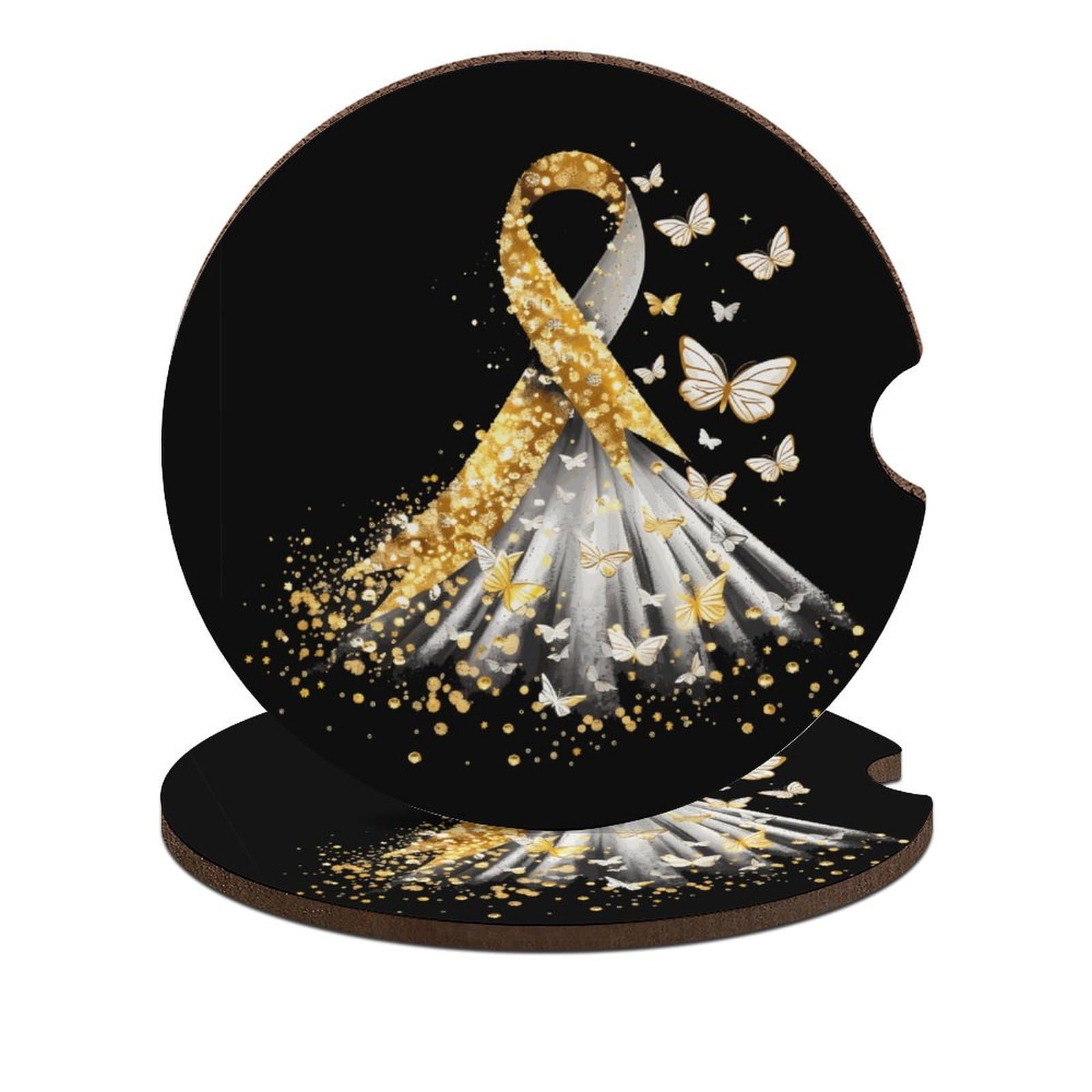 Golden Cancer Awareness Ribbon Car Coasters for Cup Holders - 2 Pack Cork Base Drink Coasters, Non-Slip Auto Accessories for Cars, Trucks & SUVs - Perfect Gift for Survivors & Supporters