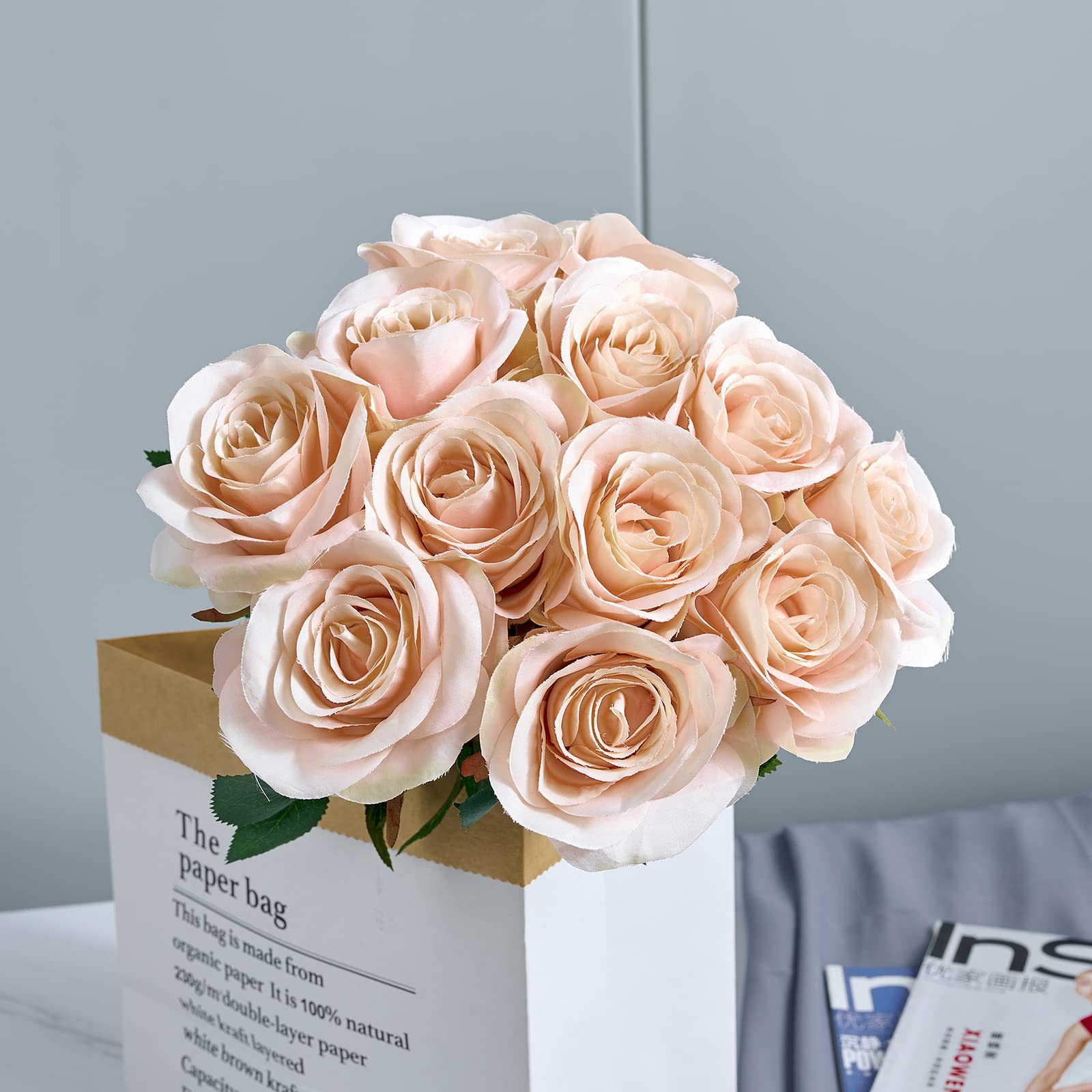 12Pcs Blush Pink Artificial Silk Roses - Long Stem Faux Flowers for DIY Wedding Bouquets, Centerpieces, Baby Shower Decor, Home & Office Decoration - Perfect for Romantic Events, Table Arrangements and Gift Wrapping (Blush Pink)