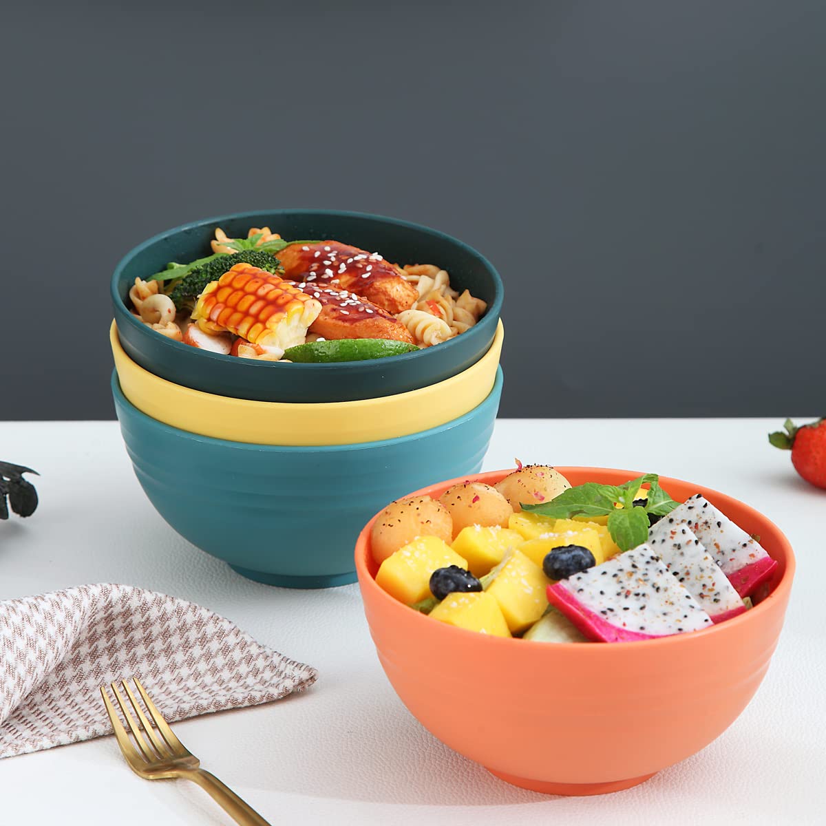 Kyraton 4-Piece Unbreakable Cereal Bowls Set - Lightweight Reusable Bowls for Rice, Noodles, Soup, Salad & Fruit - Dishwasher & Microwave Safe, BPA-Free (Multi-Color) - Perfect for Family Meals, Office Lunches & Outdoor Picnics