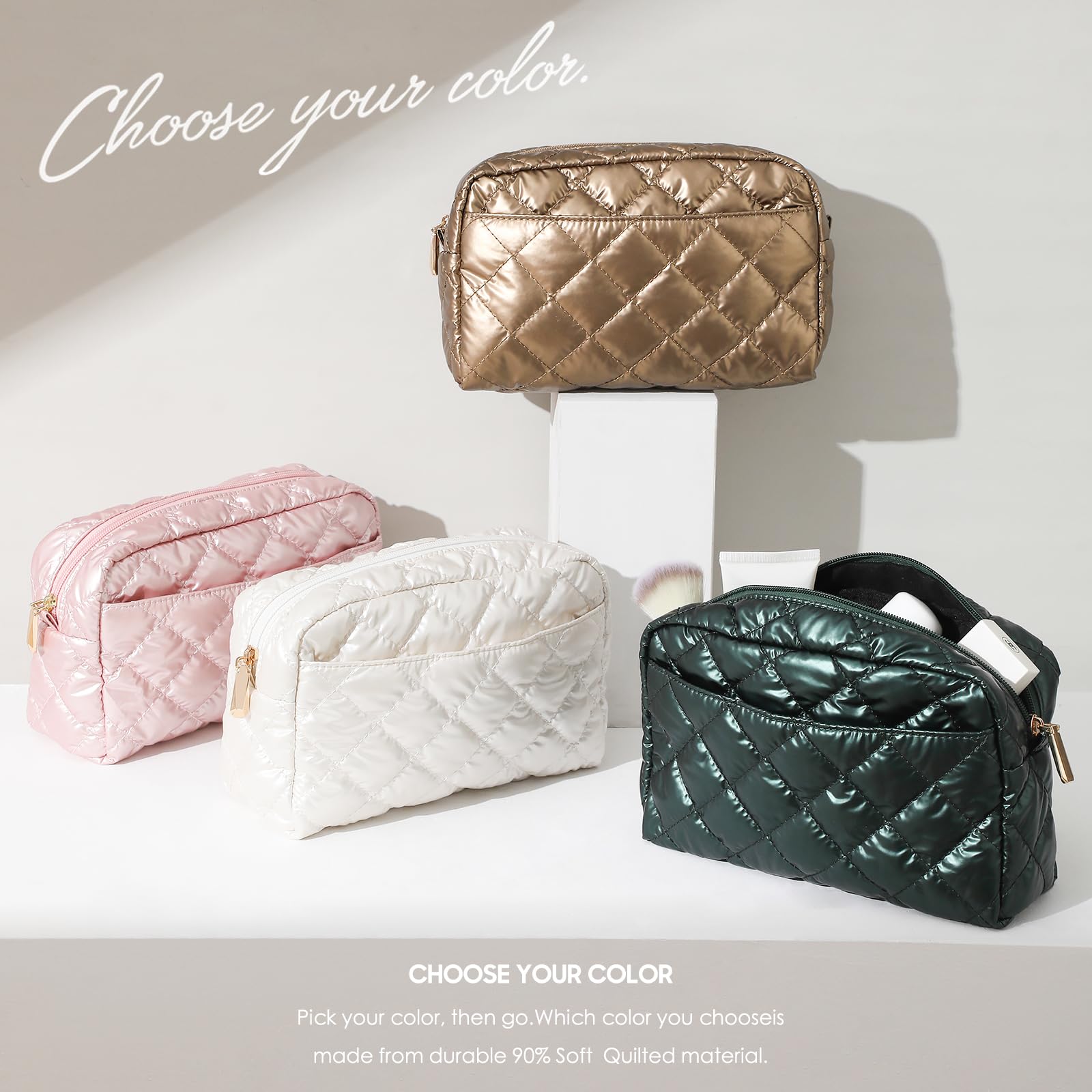 Waterproof Quilted Makeup Bag for Women - Travel Cosmetic Organizer Pouch with Zipper, Portable Puffer Toiletry Bag - Perfect for Daily Use, Gym, Vacation & Airplane Essentials (White)