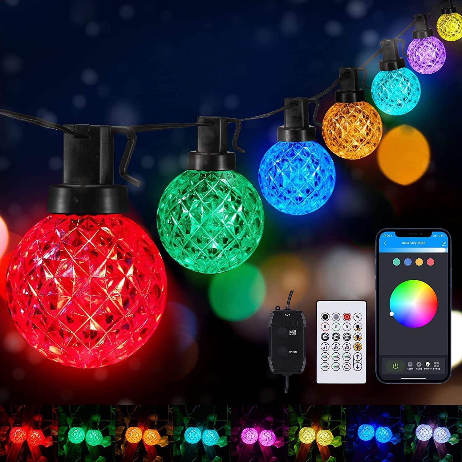 23ft Smart Outdoor String Lights - 25 LED Shatterproof G40 Patio Lights with Remote Control, Music Sync & App Control for Indoor/Outdoor Party, Wedding, Yard, Garden, and Patio Decorations