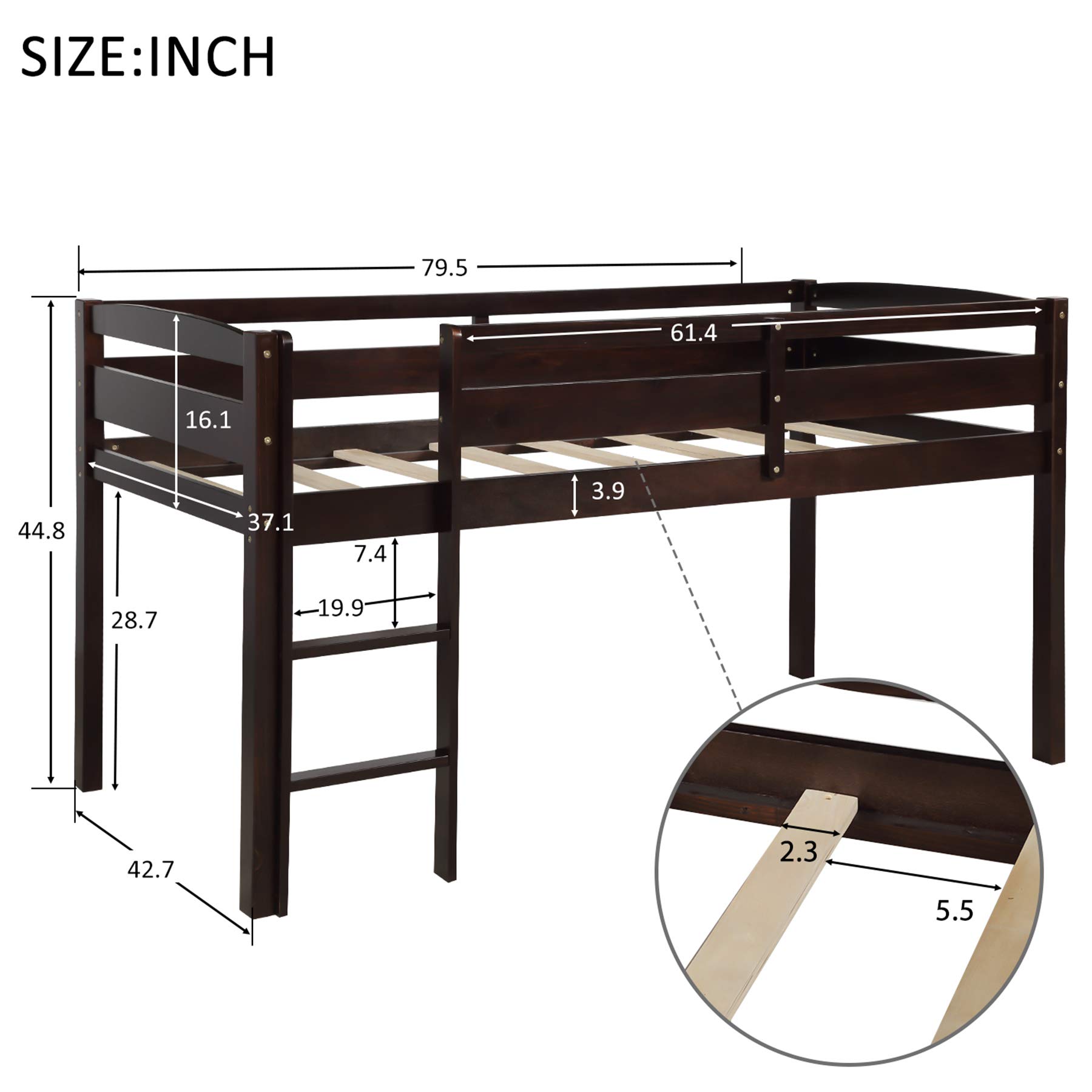 P PURLOVE Twin Loft Bed - Sturdy Wood Low Loft Bed Frame for Kids & Teens - No Box Spring Required - Espresso Finish - Perfect for Small Bedrooms, Dorm Rooms & Space-Saving Kids' Rooms