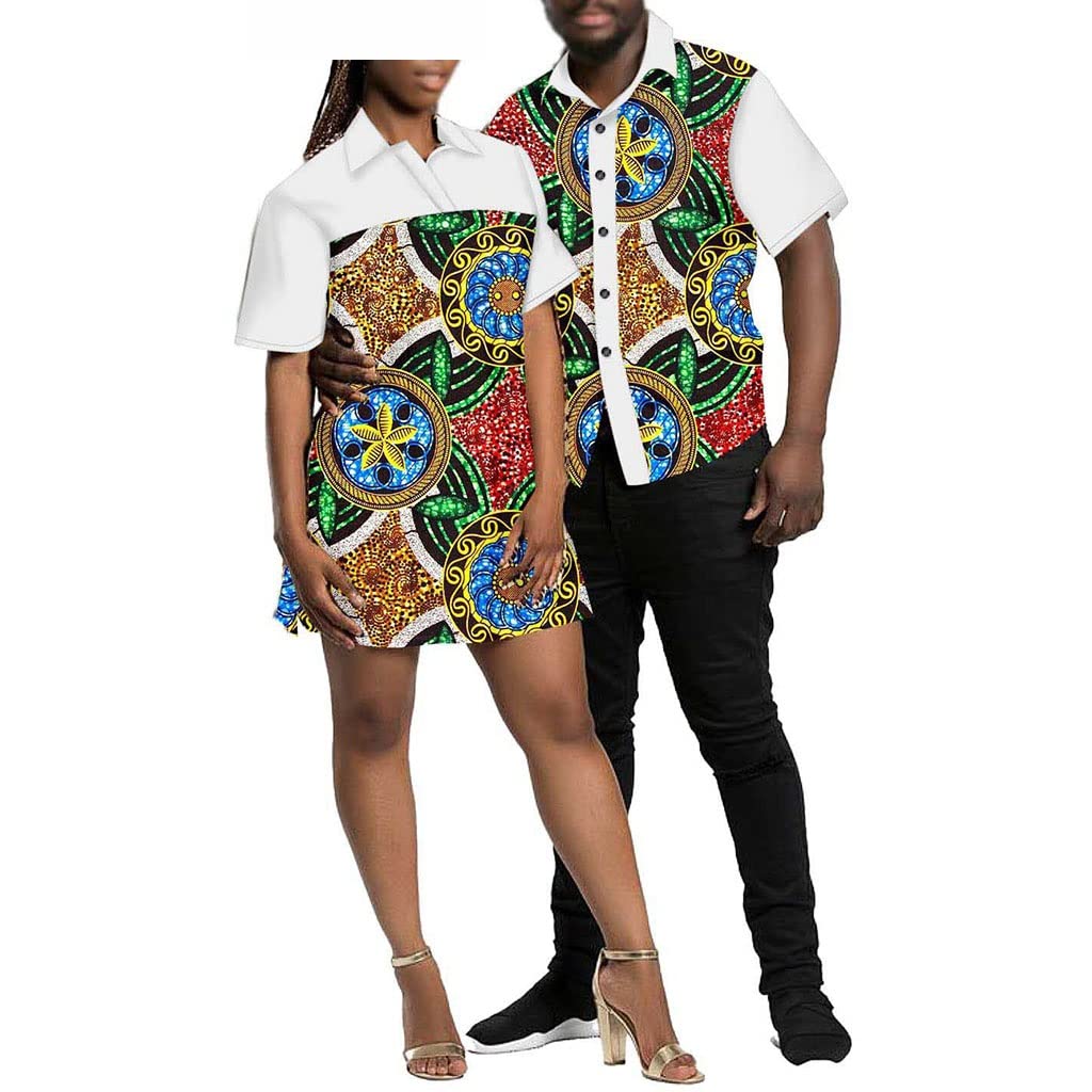 African Floral Dresses for Women & Matching Men's Button Shirts - Wax Print Couple Outfits for Date Night, Wedding Guest Attire, and Cultural Events