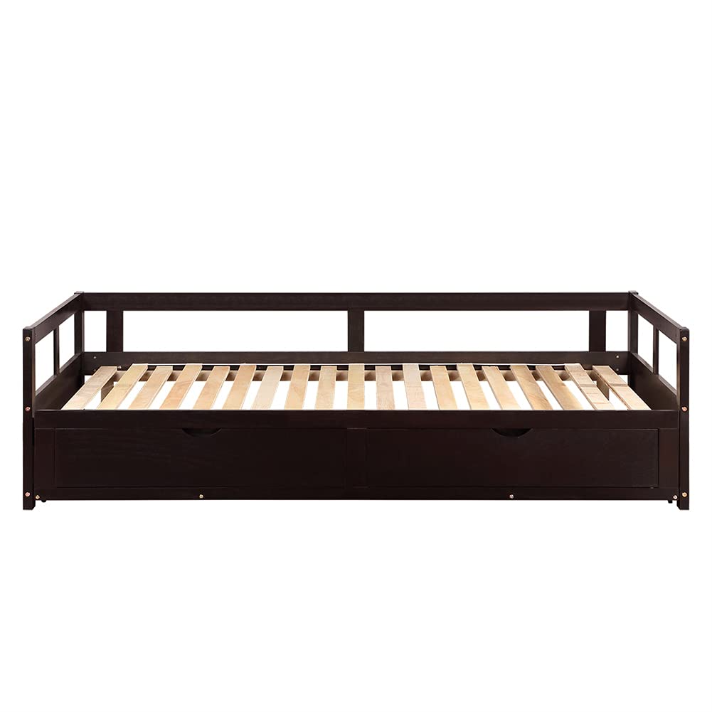 Convertible Sofa Bed with Trundle & 2 Storage Drawers - Solid Wood Daybed Frame, Space-Saving Extendable Guest Bed for Small Apartments, Living Room & Bedroom (Espresso Finish) - Perfect for Overnight Guests, Studio Apartments & Multi-Functional Spaces