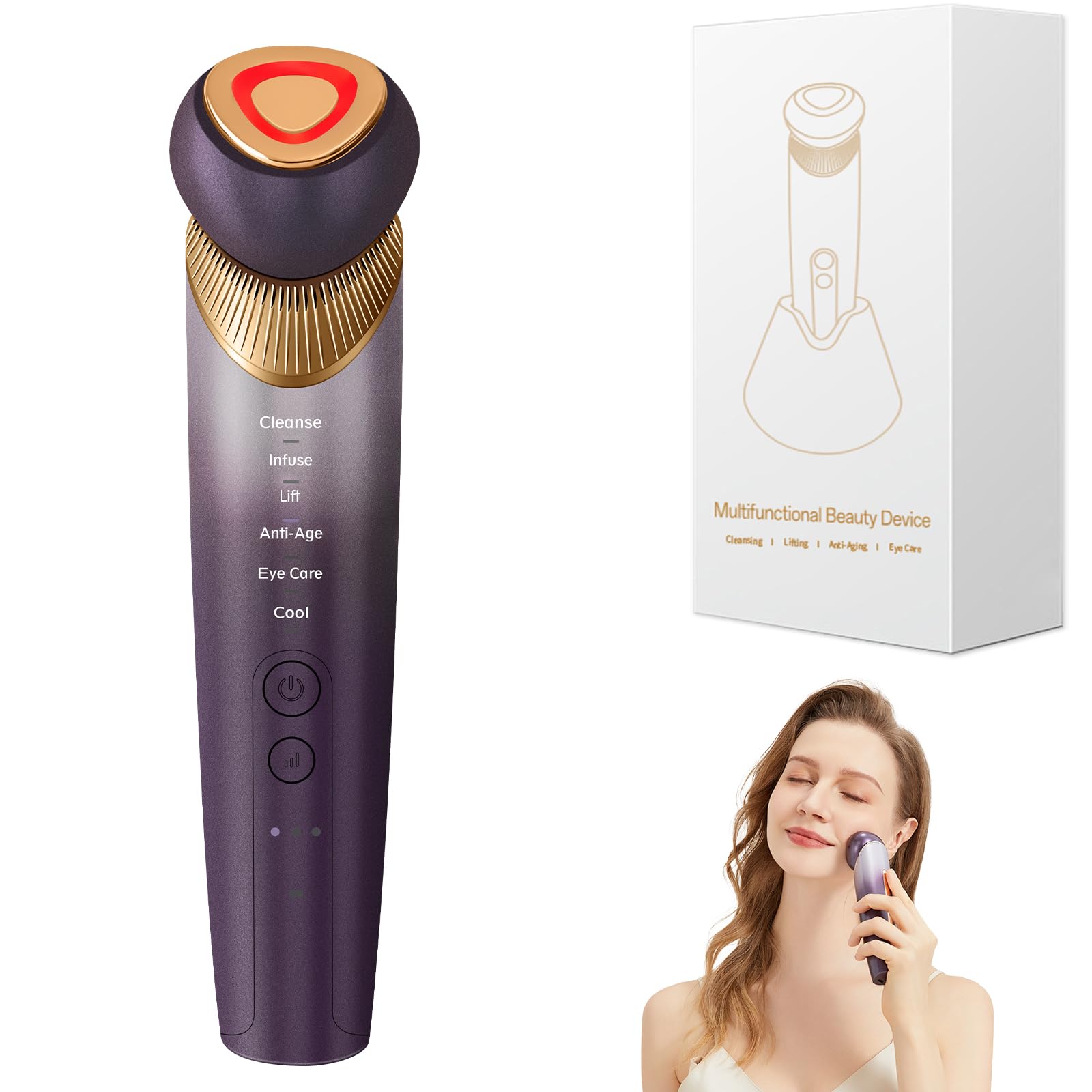 6-in-1 Anti-Aging Skincare Device - Microcurrent Face Massager with LED Light Therapy, Vibration, Heating & Cooling Modes for Eye, Face & Neck Lift - Skin Tightening & Firming Tool for Youthful Glow (Purple) | Perfect for Home Spa, Wrinkle Reduction & Daily Skincare Routine