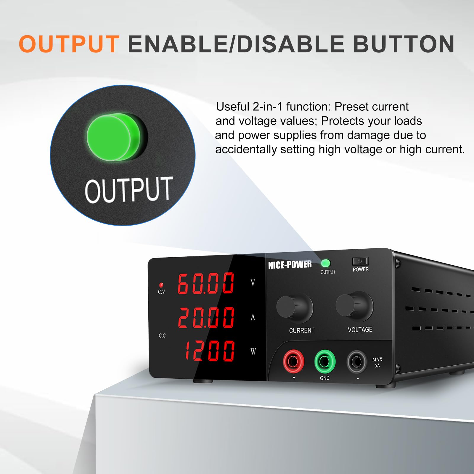 NICE-POWER 60V 20A 1200W Adjustable DC Power Supply with Encoder Knob & Output Switch - High Precision Variable Bench Power Supply for Electronics Repair, Lab Testing, and DIY Projects