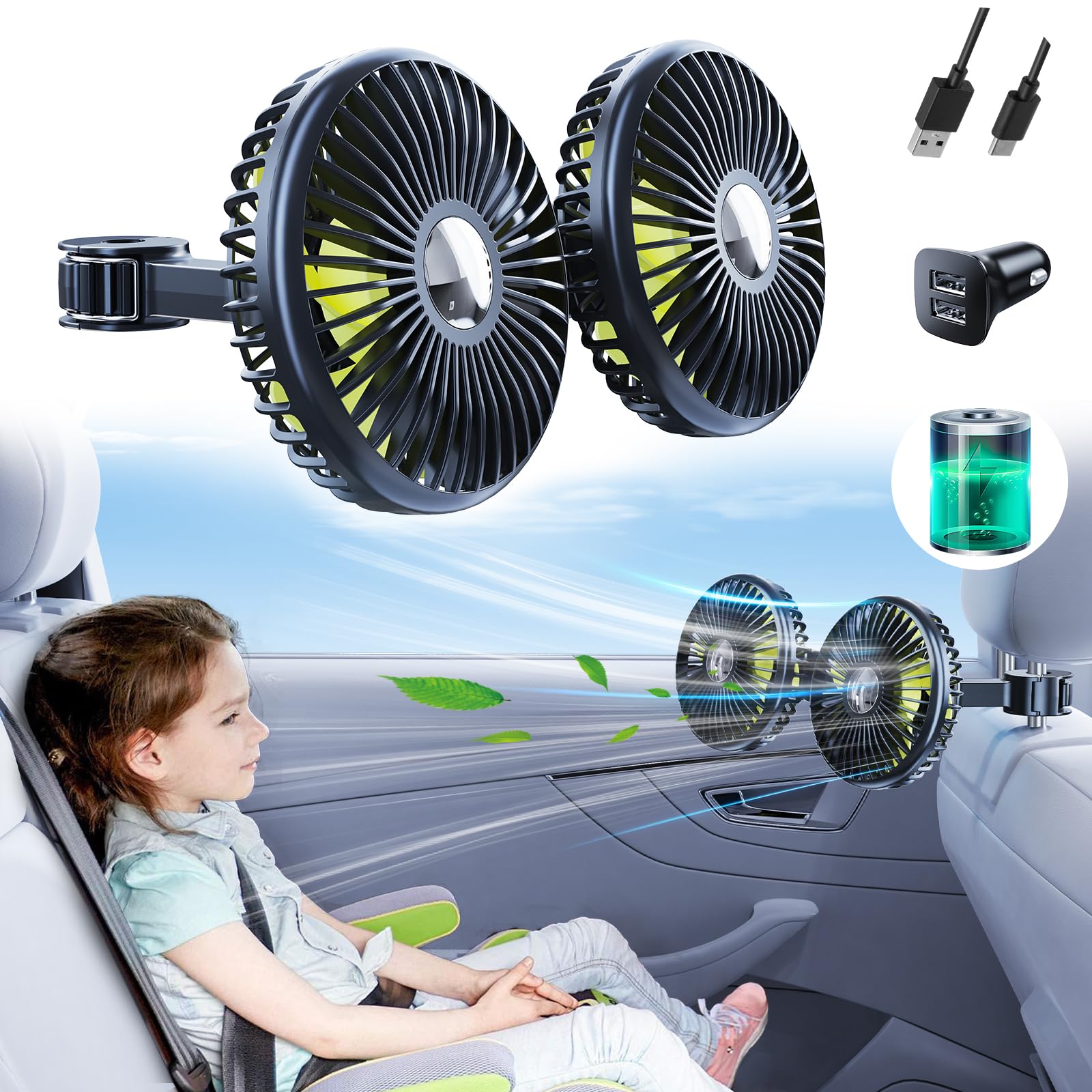 Rechargeable 360° Rotatable Car Backseat Fan with USB C Cable & Car Charger - Portable Battery Operated Cooling Fan for Kids in SUV, RV, and Vehicles - Perfect for Road Trips, Camping, and Hot Summer Days