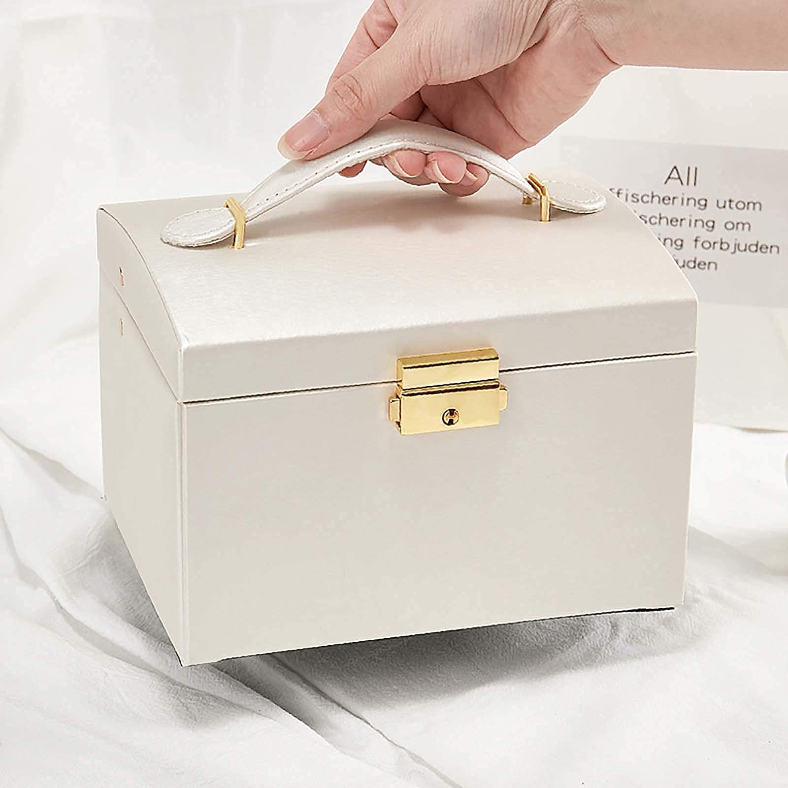 Premium PU Leather Jewelry Box with Mirror & Lock - 2 Drawers & 3 Layers Velvet Organizer for Rings, Bracelets, Earrings, Necklaces - Perfect Gift for Women - Ideal for Travel, Home Storage & Wedding Accessories (White)