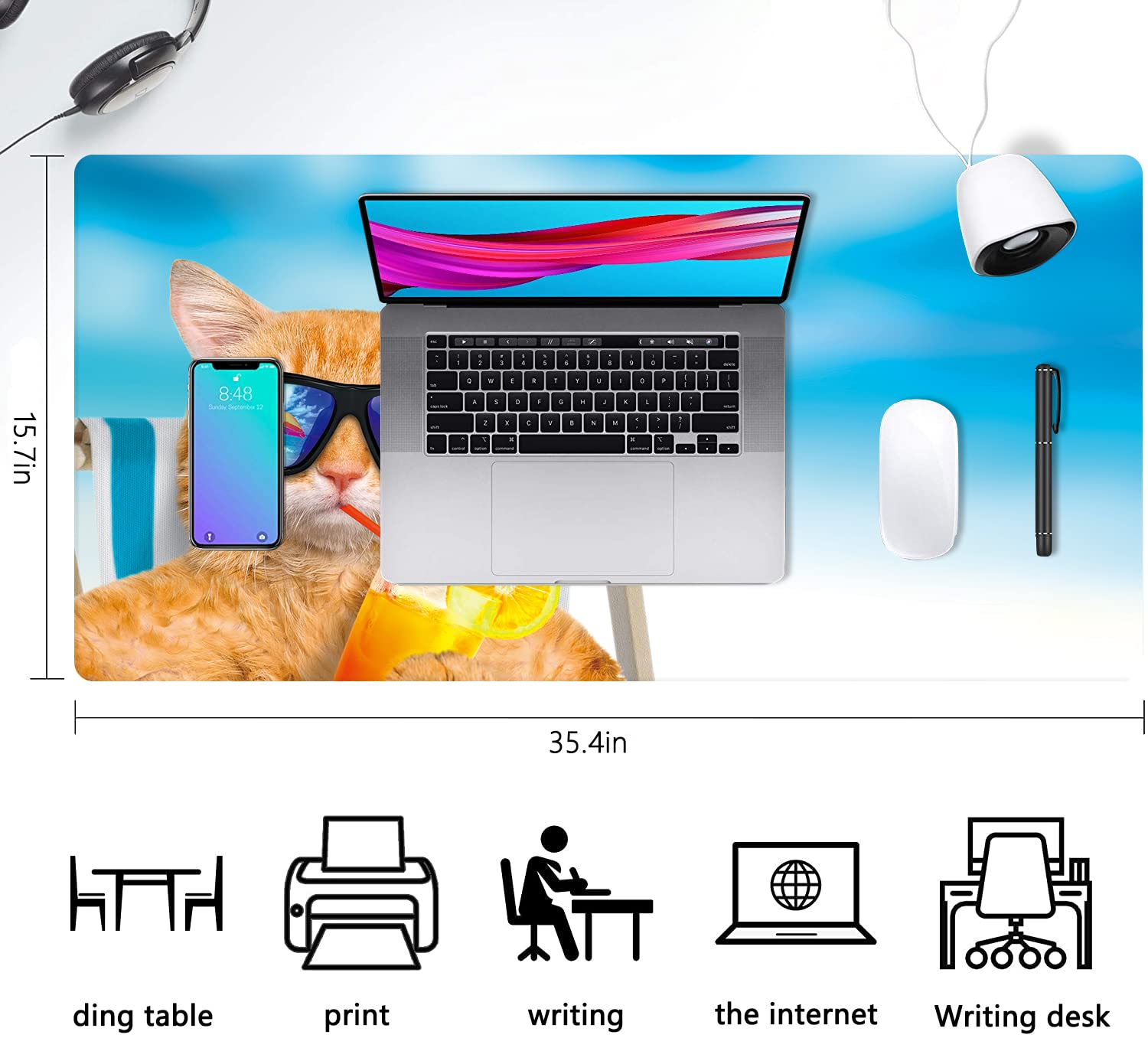 XXL Extended Gaming Mouse Pad - Non-Slip Rubber Base & Stitched Edges (35.4 x 15.7 Inch) Cute Cat on Beach Chair Design - Perfect for PC, Laptop, Office & Home Desk Setup - Ideal Gift for Gamers, Women, Girls & Men