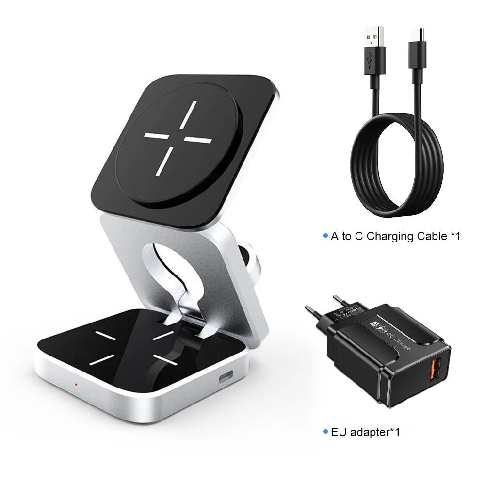 3-in-1 Foldable Magnetic Wireless Charger Station for iPhone, Samsung & AirPods - Portable Charging Stand for Home, Office & Travel