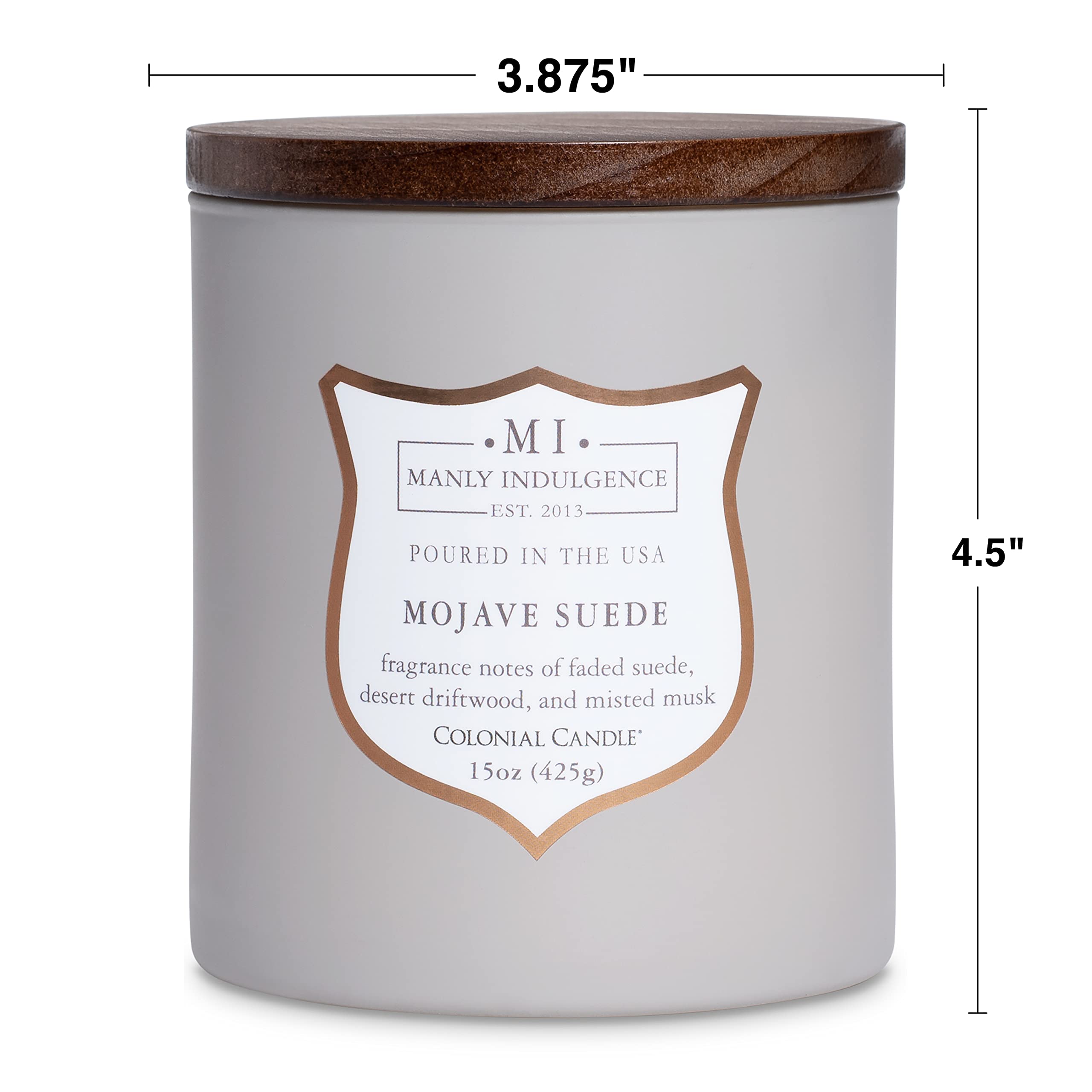 Manly Indulgence Mojave Suede Scented Jar Candle - Signature Collection with Wood Wick, 15oz (60 Hours Burn Time) - Grey Aromatherapy Candle for Home, Office & Relaxation