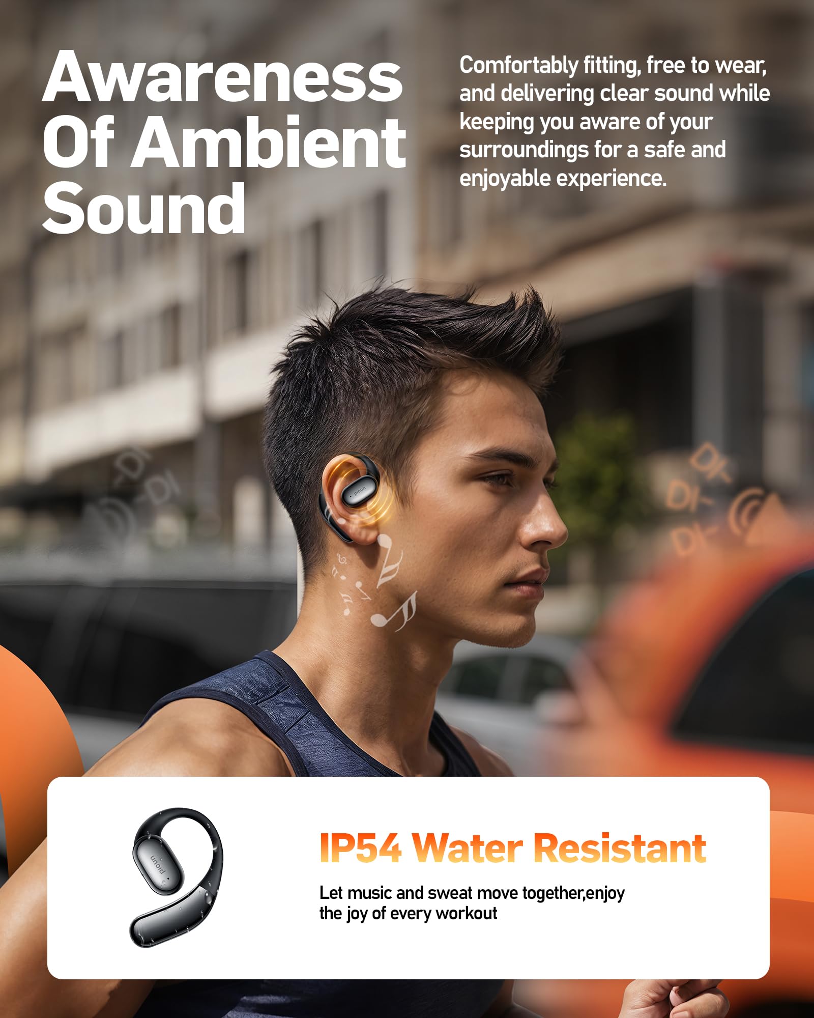 Picun Open Ear Wireless Bluetooth 5.4 Headphones with Earhooks - HiFi Stereo Sound, IP54 Waterproof, Built-in Mic, 30H Playtime & Fast Charging - Sports Earbuds for Running, Gym, Cycling - Compatible with iPhone & Android Phones
