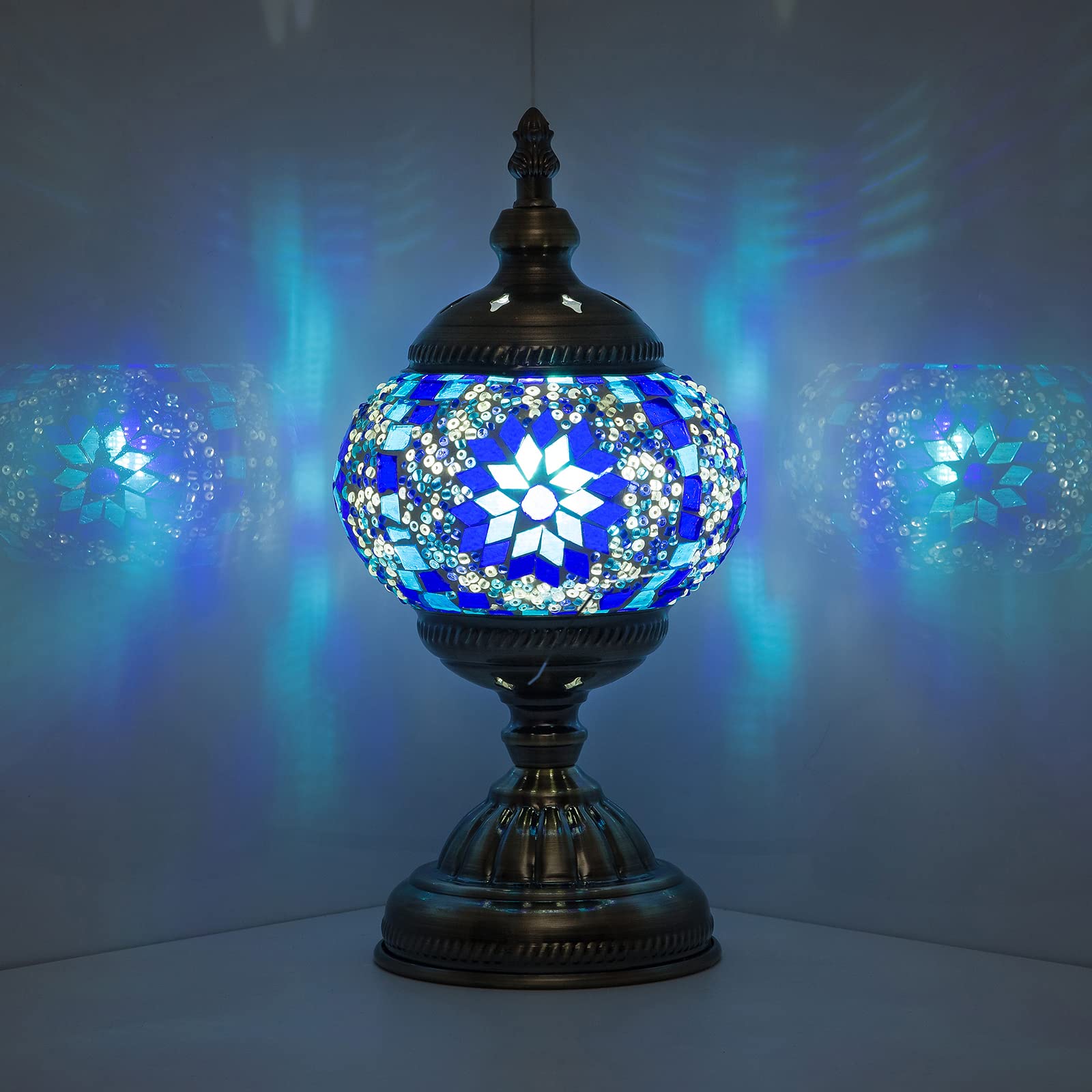 Handmade Mosaic Table Lamp - Turkish Moroccan Bohemian Style Night Light for Bedroom, Living Room, Office | Blue Glass Tiffany Lamp for Home Decor & Romantic Ambiance