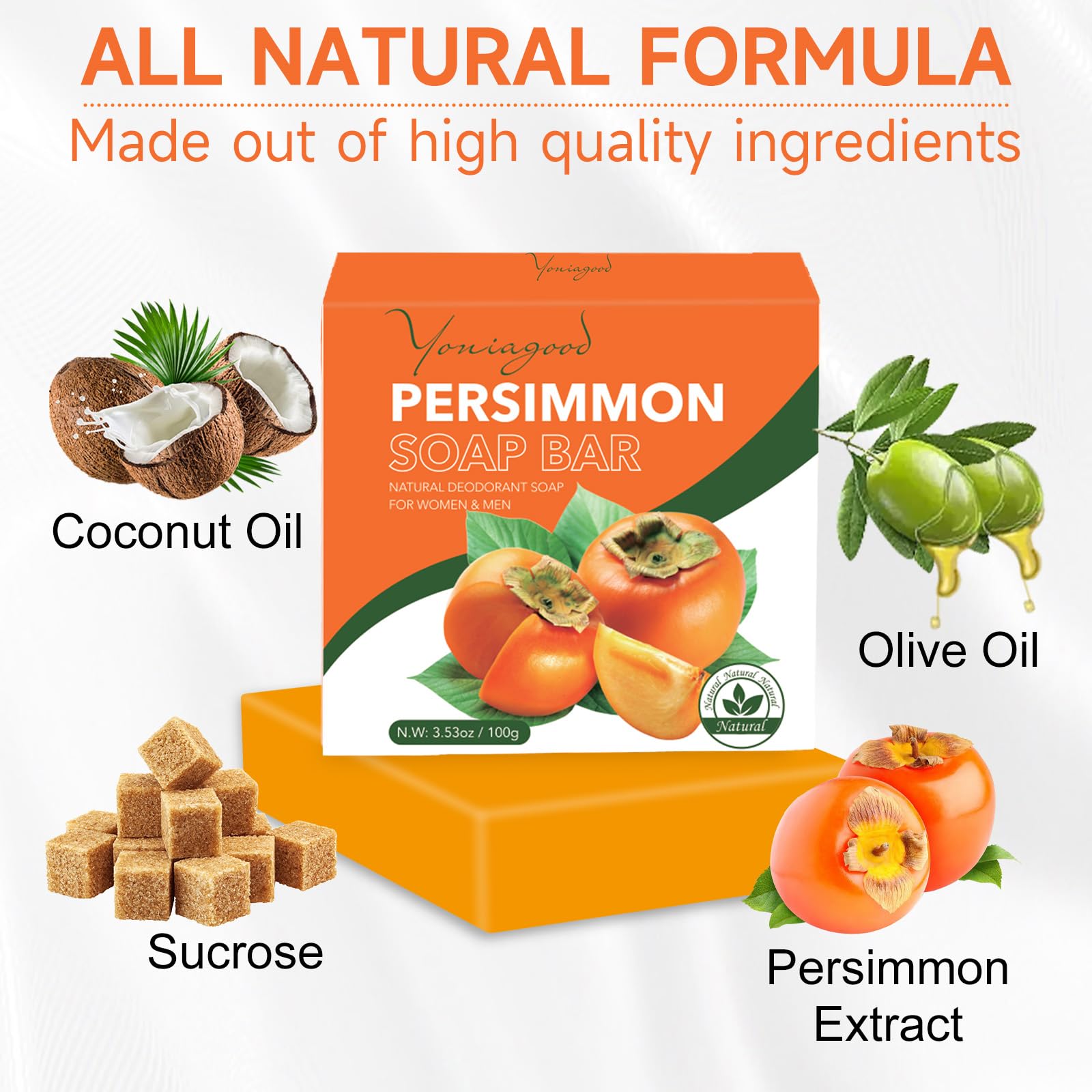 3 Pack Natural Persimmon Soap Bars for Body Odor Control - Organic Deodorant Soap for Men & Women - Eliminates Old People Smell & Unpleasant Odors - Perfect for Daily Shower, Gym, Travel & Sensitive Skin Care