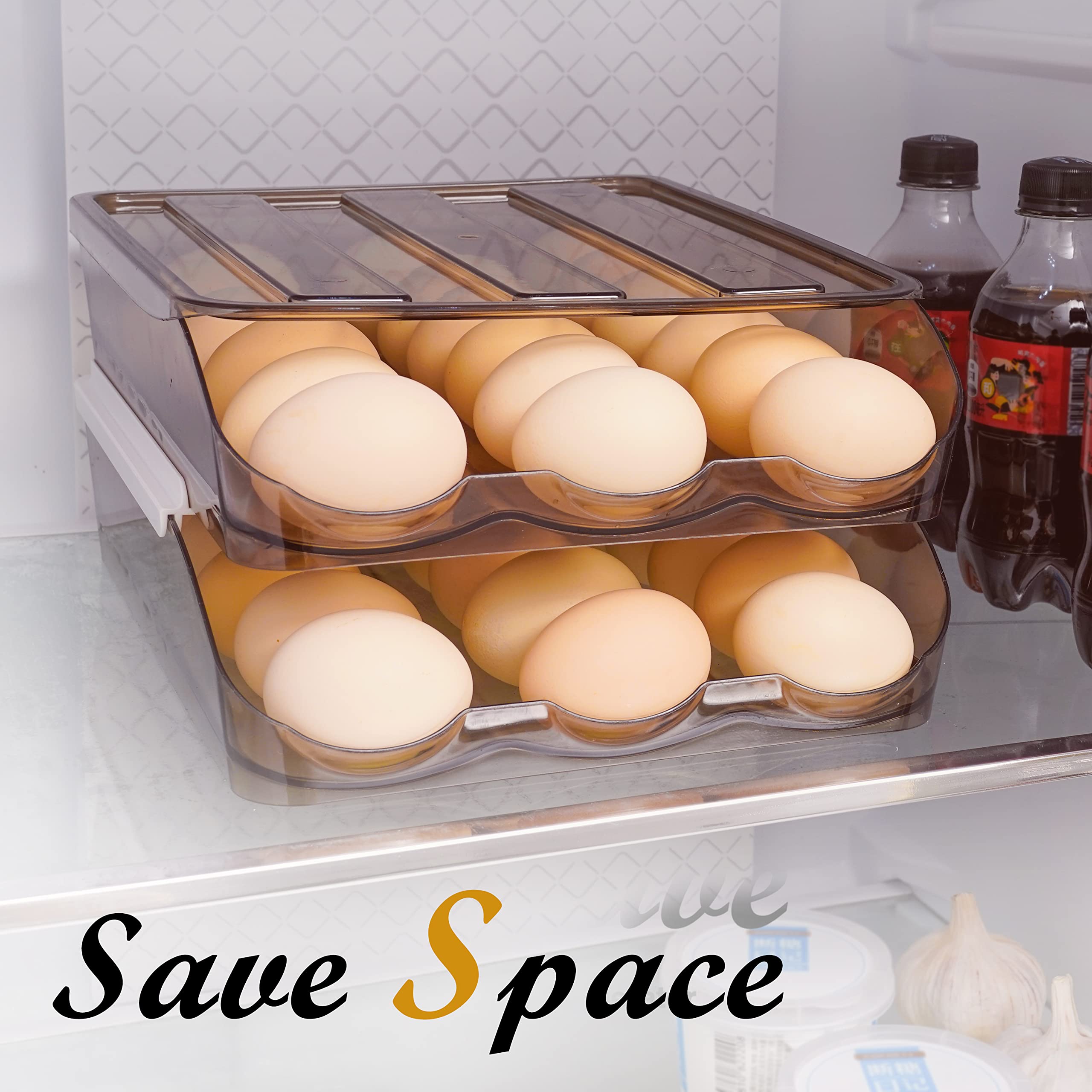 Large Capacity Automatic Scrolling Egg Holder for Refrigerator - 36 Eggs Organizer with Lid, Slide Design, Stackable Plastic 2 Layer Fridge Storage Bin | Perfect for Kitchen Organization, Farm Fresh Eggs & Space Saving