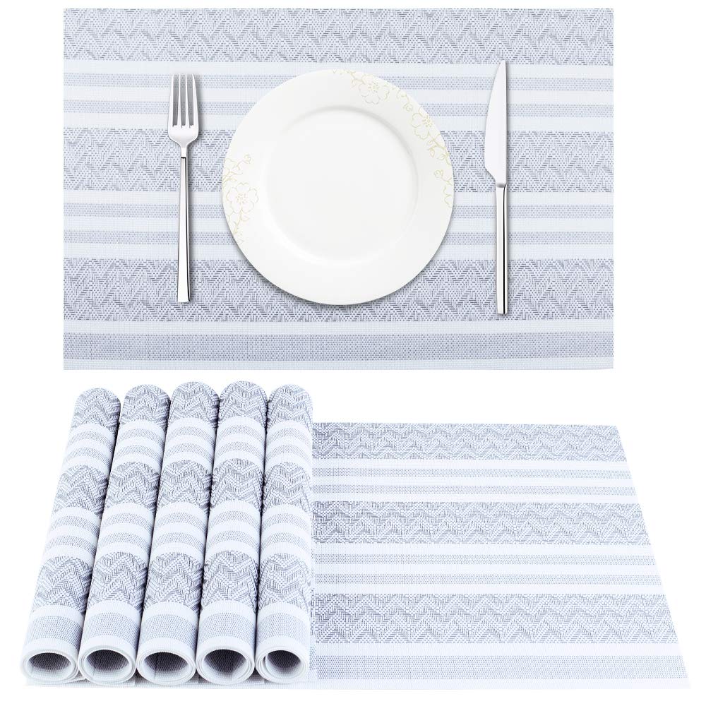 Heat-Resistant & Stain-Resistant PVC Table Placemats Set of 6 - Non-Slip Washable Vinyl Woven Place Mats for Dining Table (Grey) | Perfect for Everyday Meals, Dinner Parties & Kitchen Decor