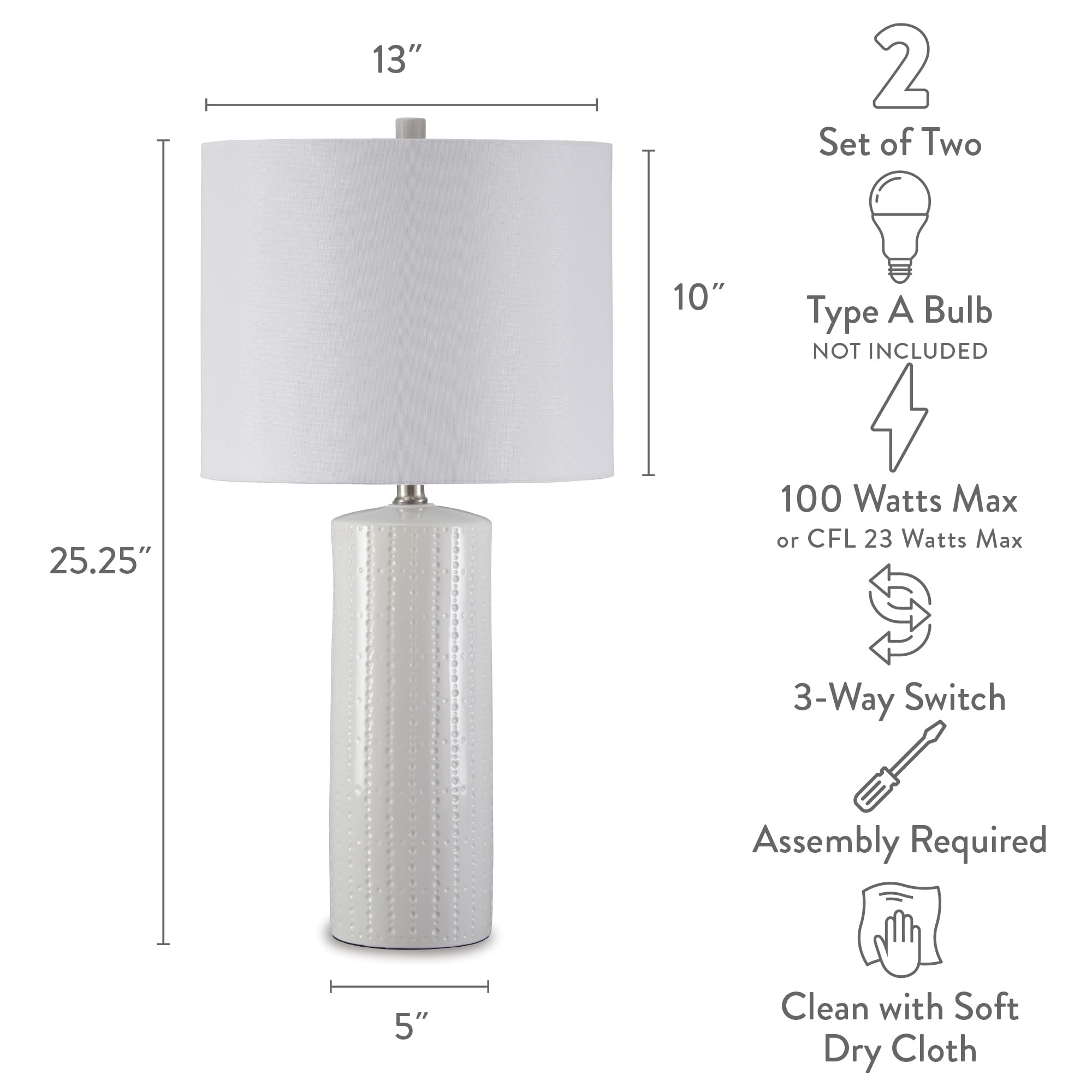 Signature Design by Ashley Steuben Textured Ceramic Table Lamp Set of 2 - 25 Inch White Modern Home Decor for Living Room, Bedroom & Office Lighting