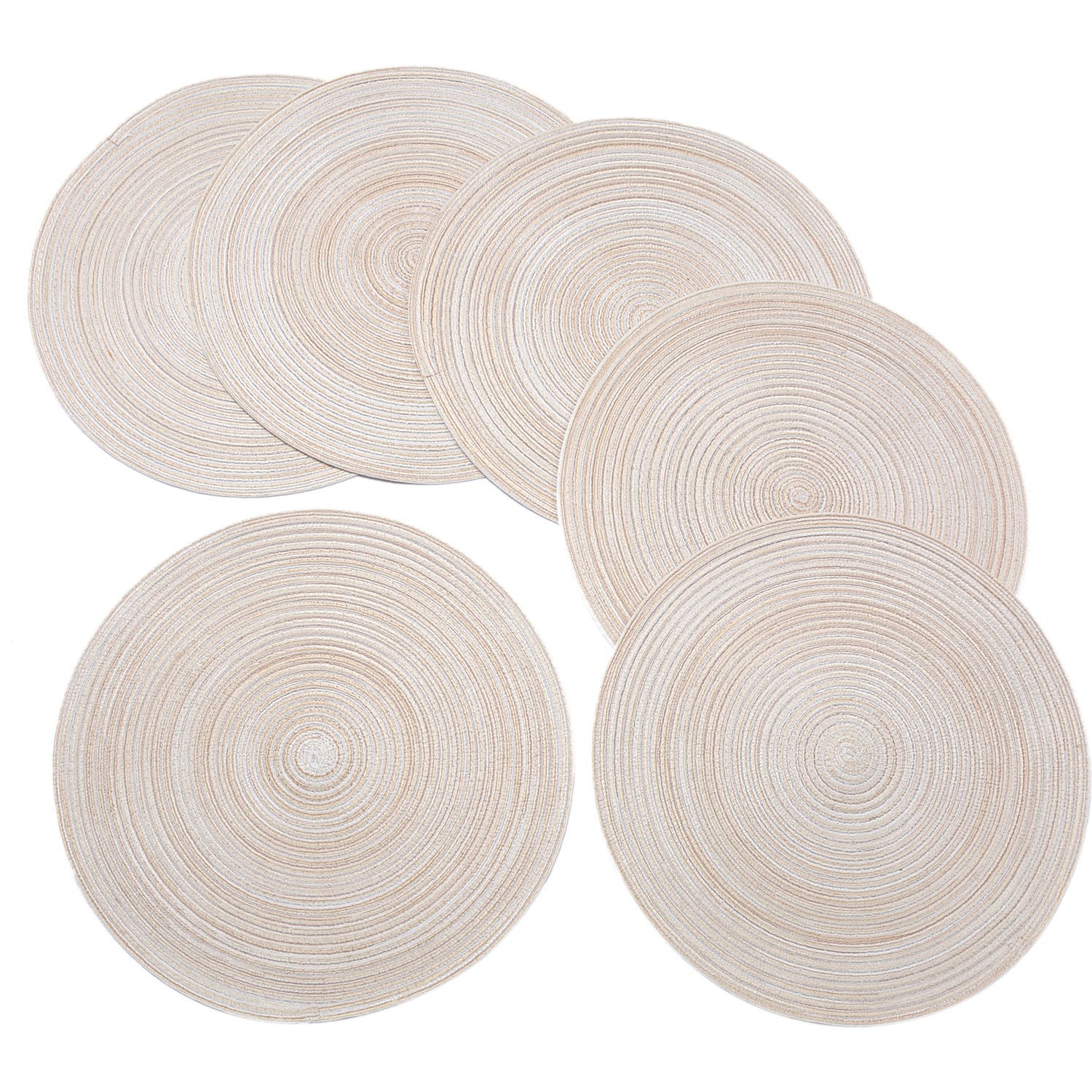 Braided Round Placemats Set of 6 - 15 Inch Washable Table Mats for Kitchen & Dining Room - Beige Home Decor for Everyday Use & Dinner Parties