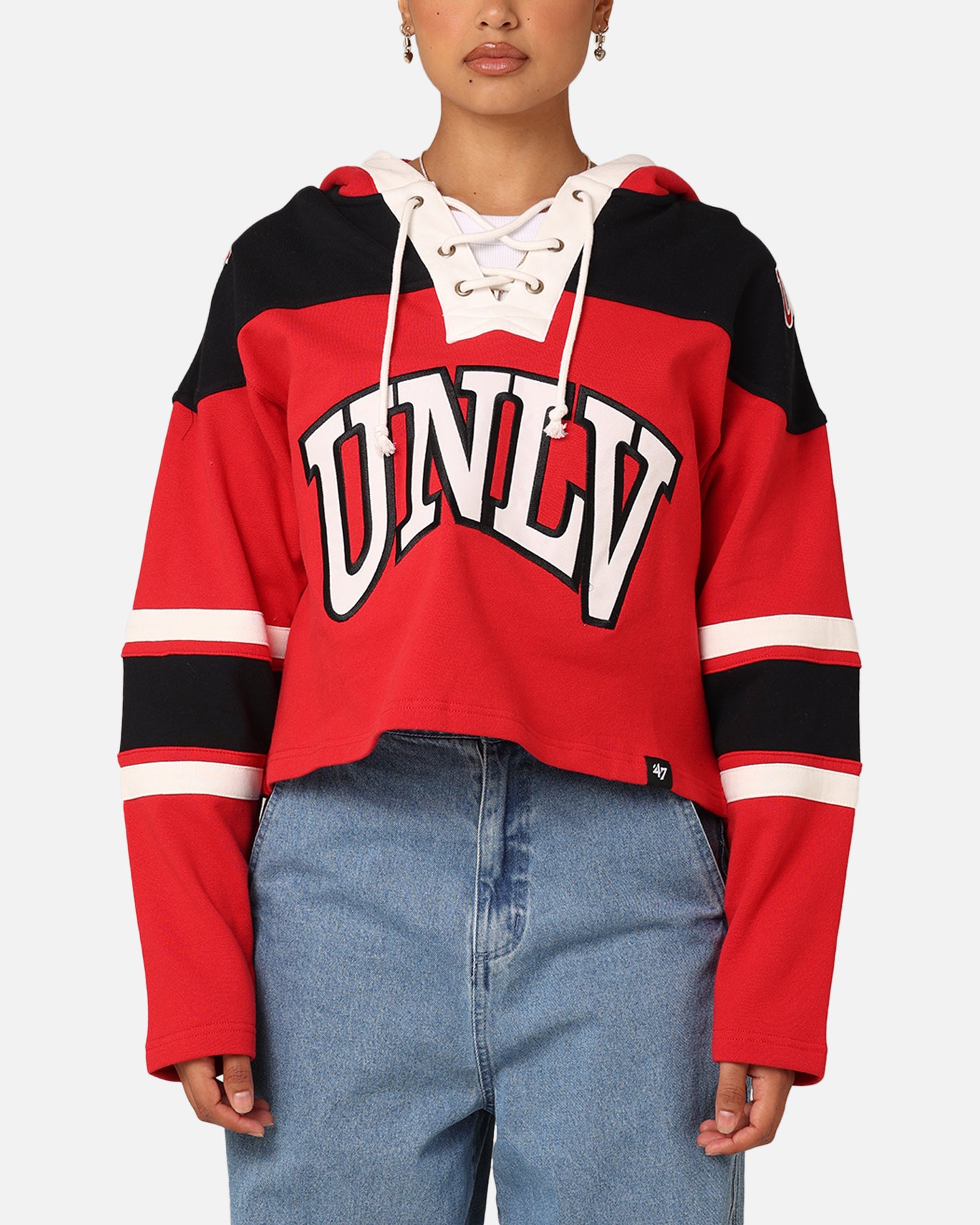 47 Brand Women's UNLV Cropped Lace-Up Hoodie - Red | Comfortable Pullover Sweatshirt for College, Casual Wear & Game Day Outfits