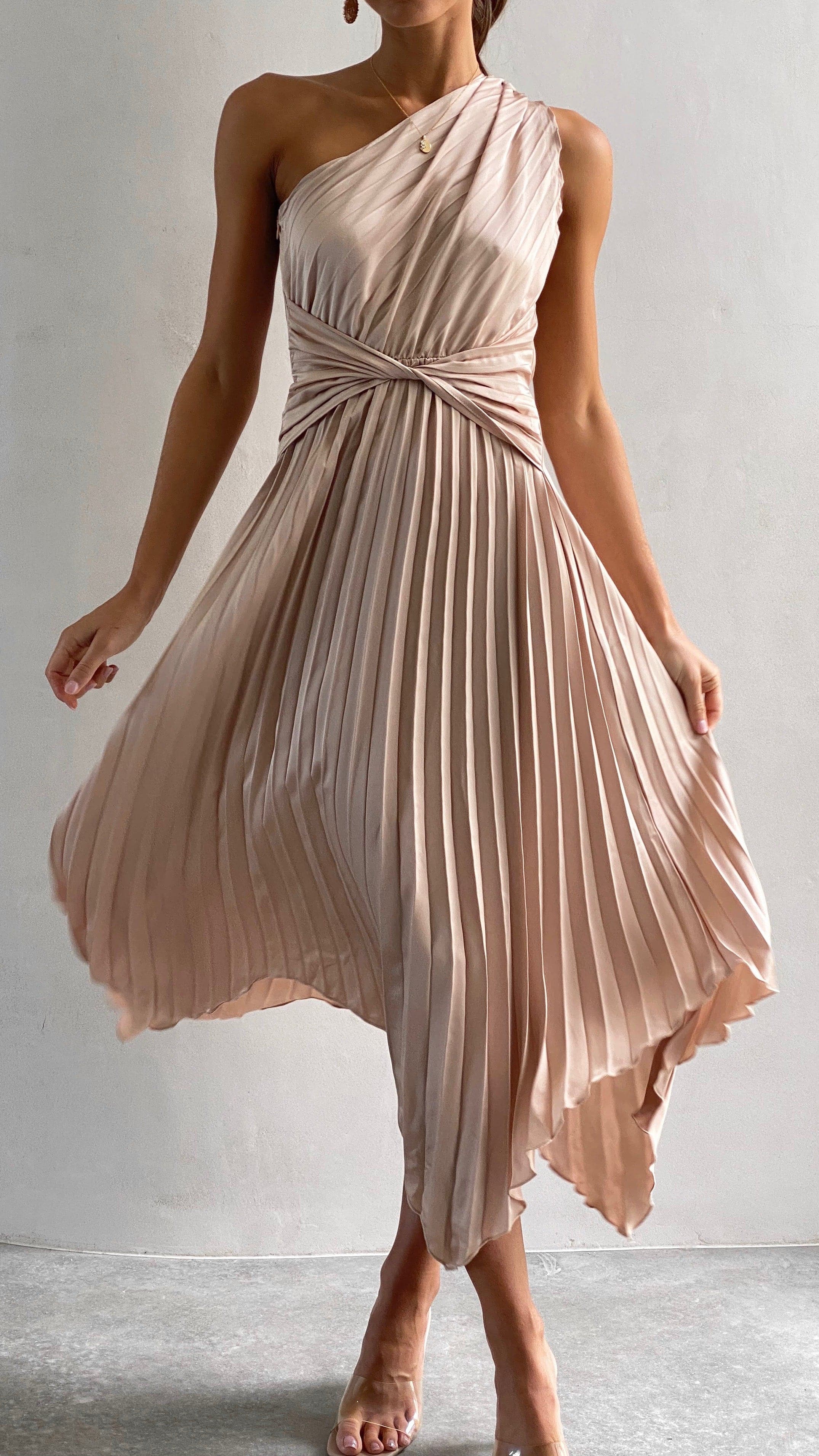 Elegant One Shoulder Midi Dress in Champagne - Perfect for Cocktail Parties, Weddings & Evening Events