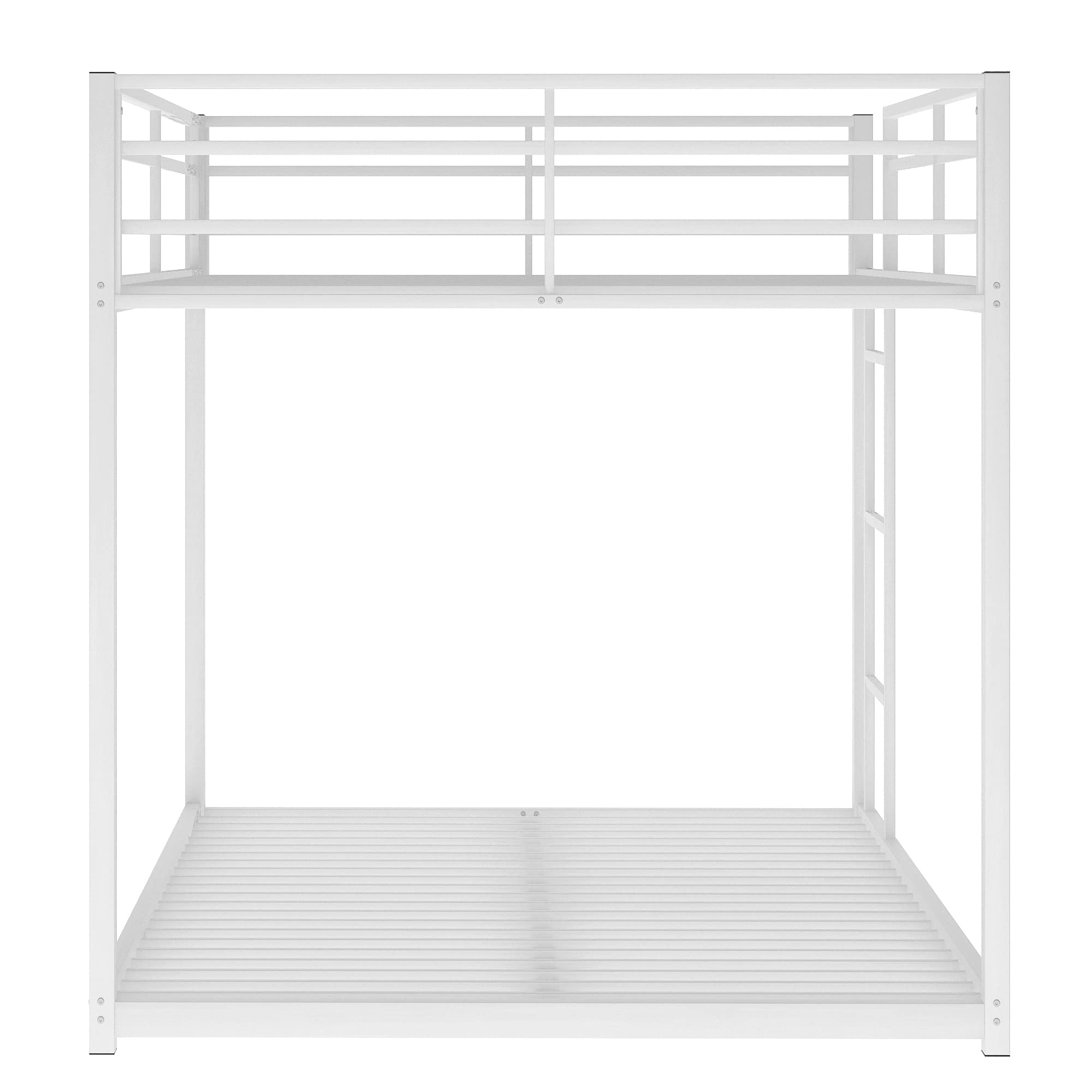 Full Over Full Metal Bunk Bed - Heavy Duty Low Profile Bunk Bed with Safety Guard Rails & Ladder for Kids, Teens & Adults - No Box Spring Required (Full Size, White Finish) - Perfect for Small Bedrooms, Dorms, Guest Rooms & Vacation Homes