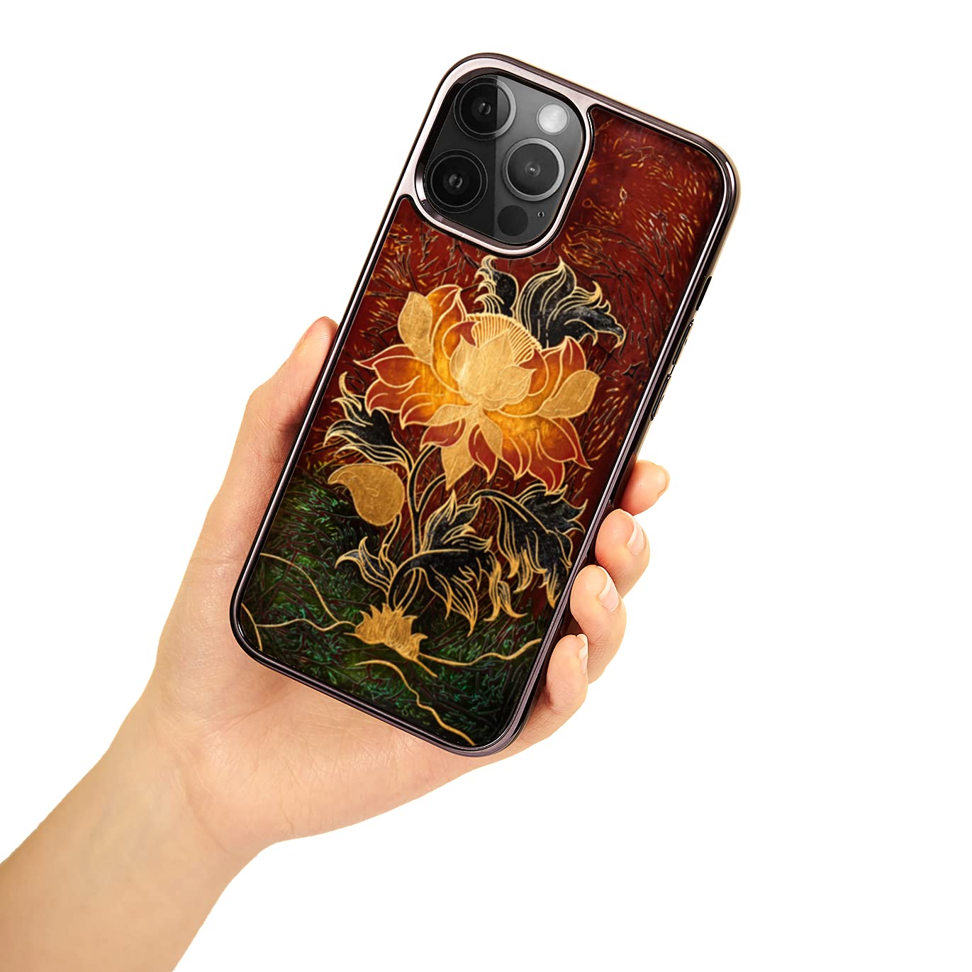 Handmade Lacquer Art Padma Flower iPhone 12 Pro Max Case with 24K Gold Details - Premium Luxury Protective Cover for Women, Perfect Gift for Birthday & Anniversary - Classic Black Design