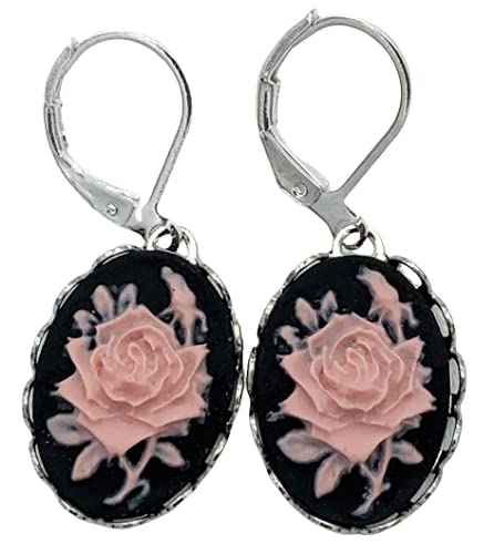 Pink Roses Cameo Silver Tone Earrings for Women - Vintage Floral Dangle Earrings - Perfect for Weddings, Parties & Special Occasions