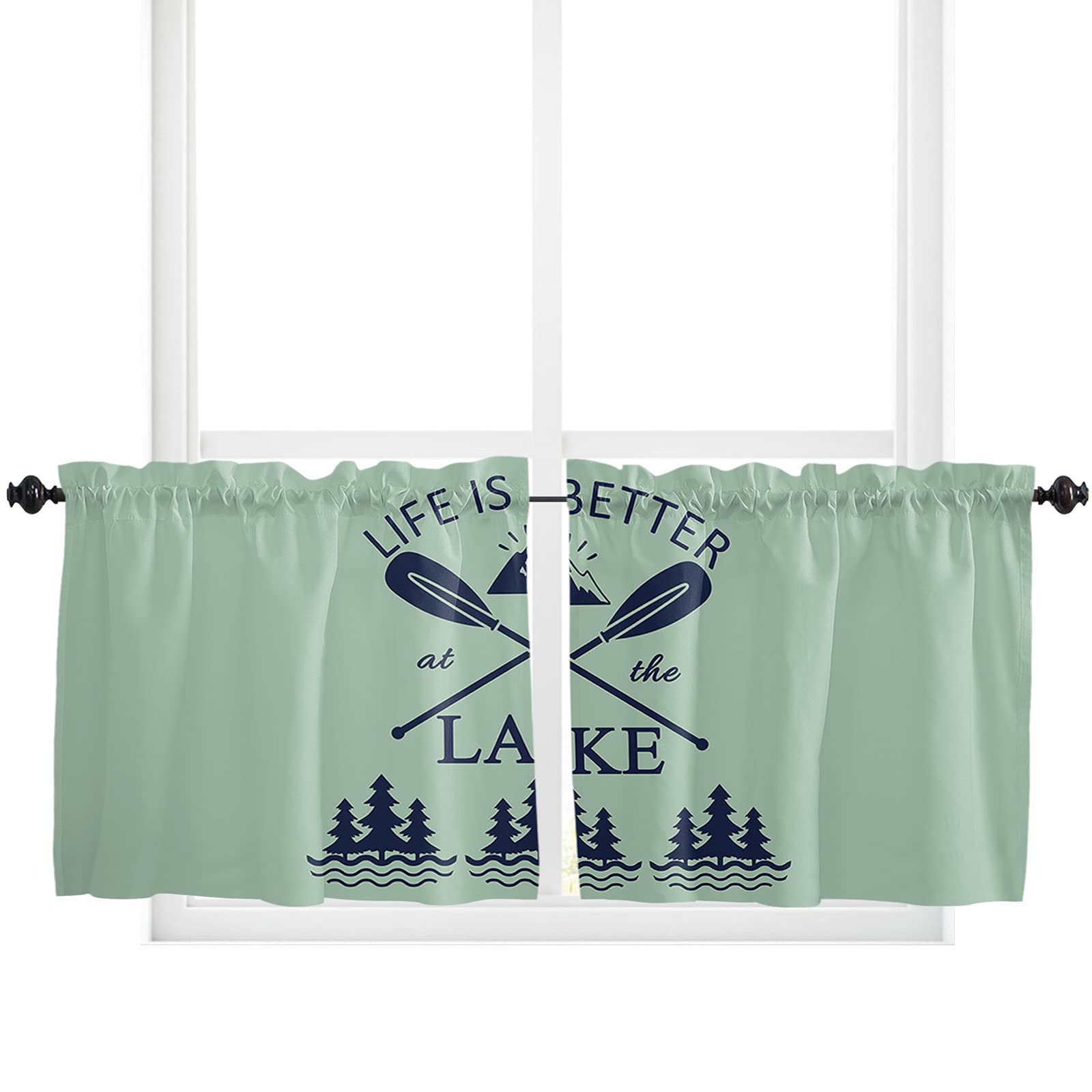 Green Lake Oar Kitchen Curtains 24 Inch Length - 2 Panel Short Cafe Tier Drapes with Plant Tree & Mountain Design, Rod Pocket Window Treatment (55x24 inches) for Cozy Kitchen, Dining Room or Coffee Shop Decor