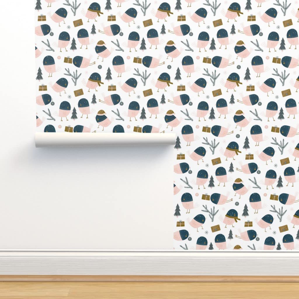 Peel & Stick Removable Wallpaper 9ft x 2ft - Winter Snow Birds Christmas Animal Design, Cute Festive Holiday Decor for Living Room, Bedroom, Nursery | Easy DIY Home Decoration by Spoonflower