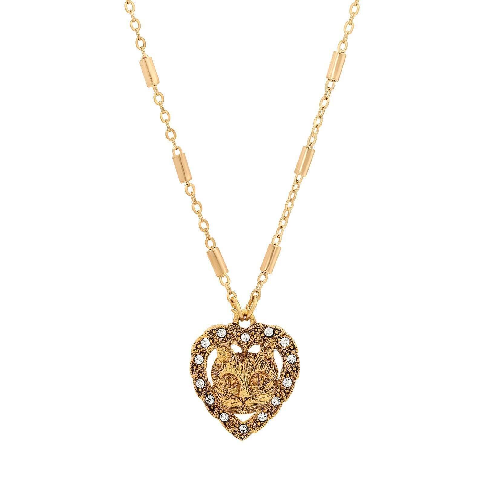 1928 Jewelry Heart & Cat Crystal Pendant Necklace - 18
