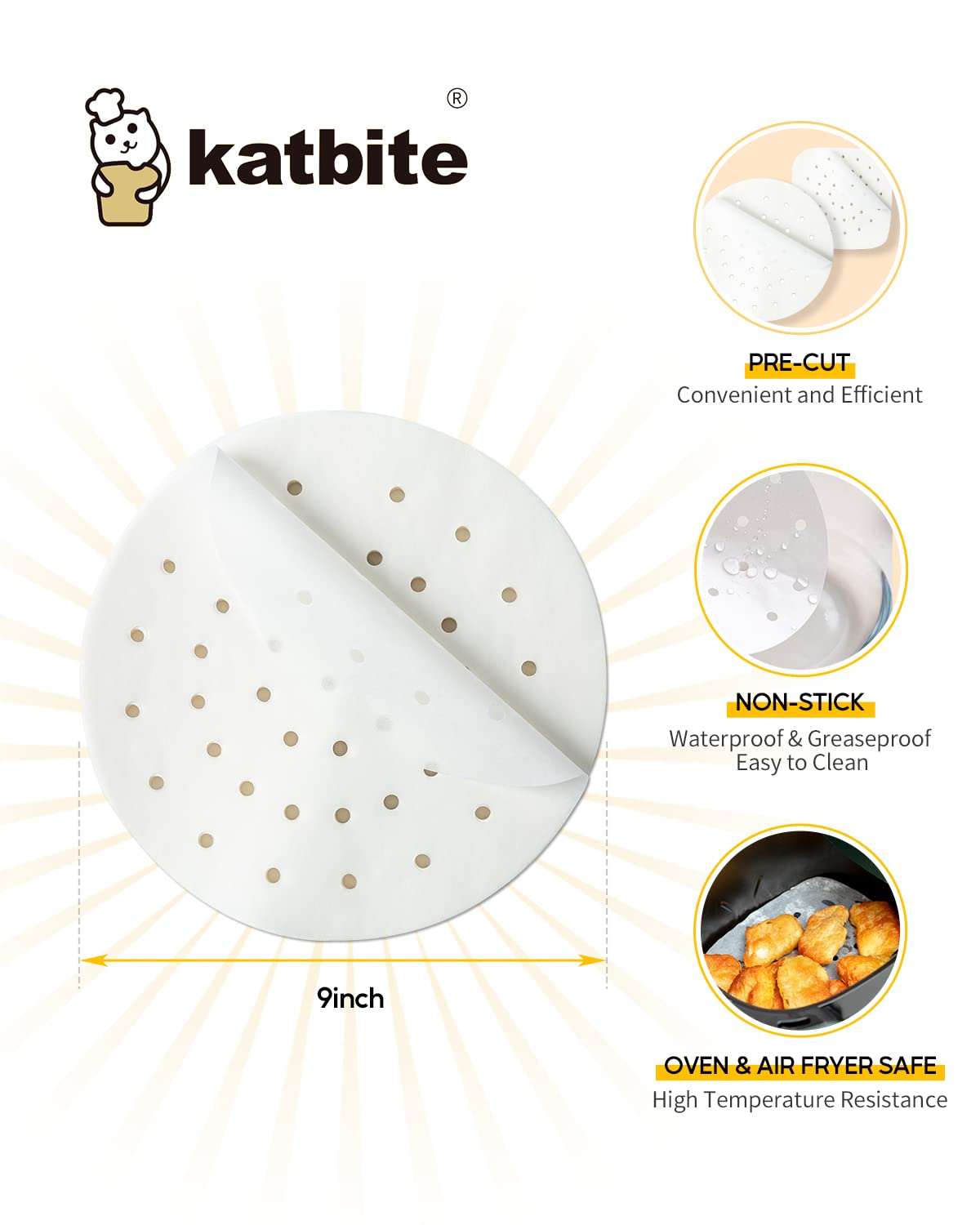 Katbite 9 Inch Air Fryer Parchment Paper - 120Pcs Non-Stick Perforated Liners for Air Fryer & Bamboo Steamer | Perfect for Healthy Cooking, Crispy Fries, Steamed Dumplings & More