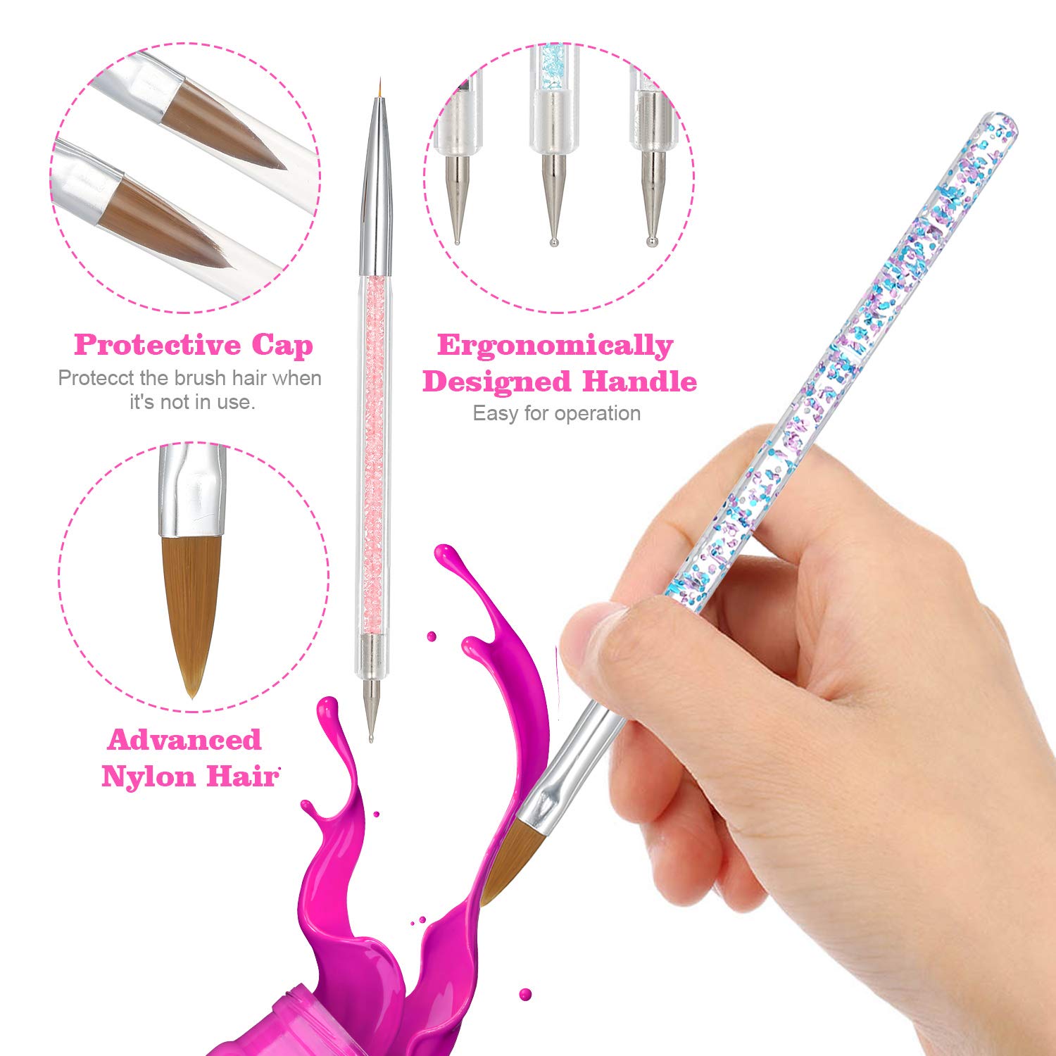 10 Pcs Dual-End Nail Art Brushes Kit - Professional Nail Liner Pen, Dotting Pen & Builder Handles for Gel, Acrylic & Nail Art Designs - Perfect for Salon, Home Manicure & DIY Nail Art (Multicolor) - Layfoo