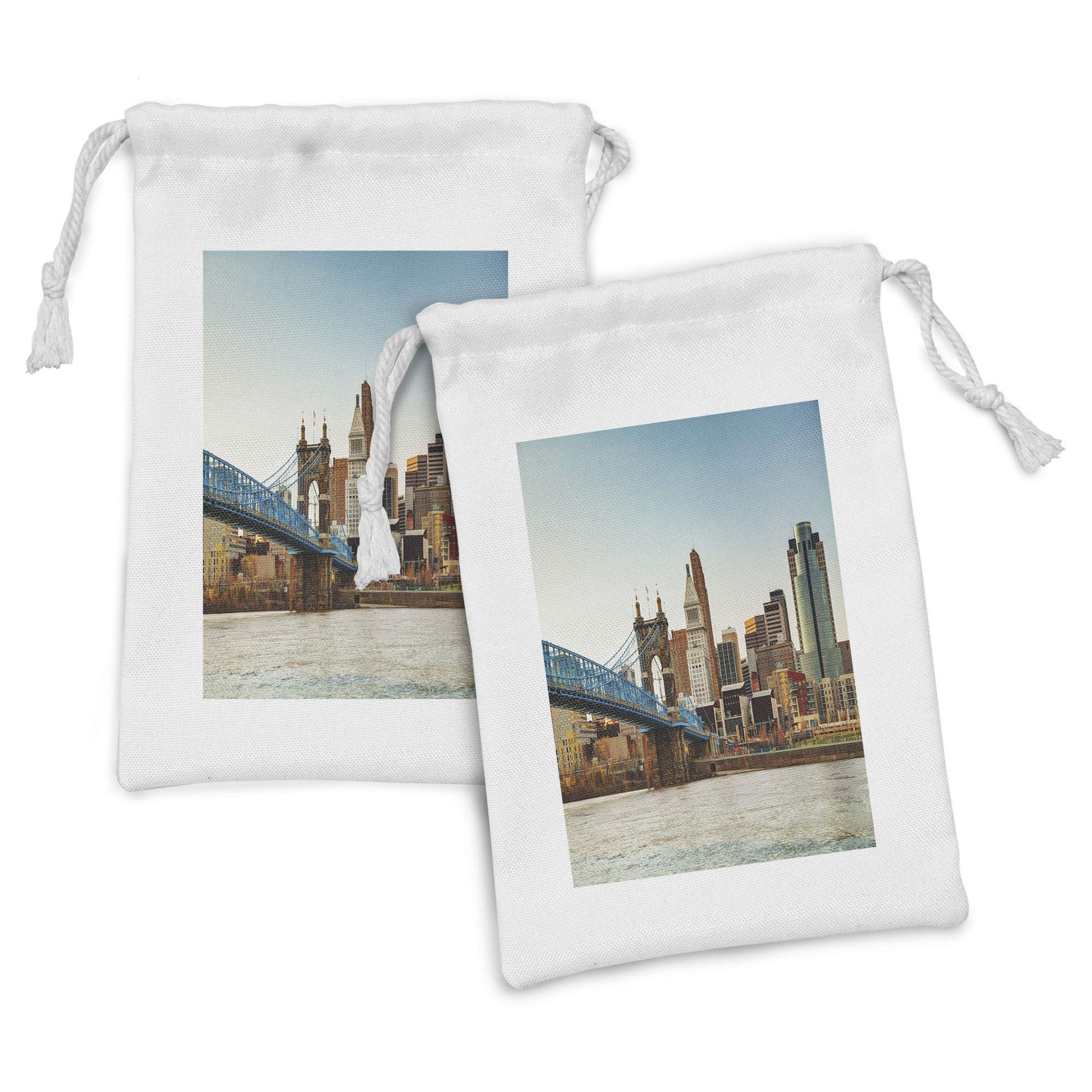 Ambesonne Cincinnati Fabric Pouch Set of 2 - Cityscape Evening Panoramic Art Print Drawstring Bags (9