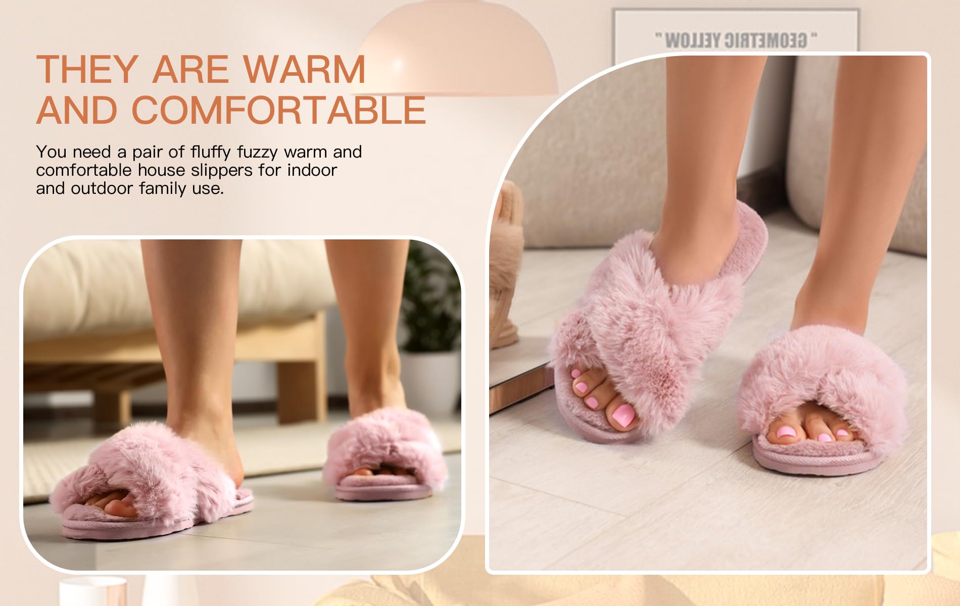 Women's Fluffy Cross Band House Slippers - Fuzzy Open Toe Plush Slip-On Shoes for Indoor/Outdoor Use - Cozy Home Shoes for Lounge, Bedroom, Backyard & Quick Errands