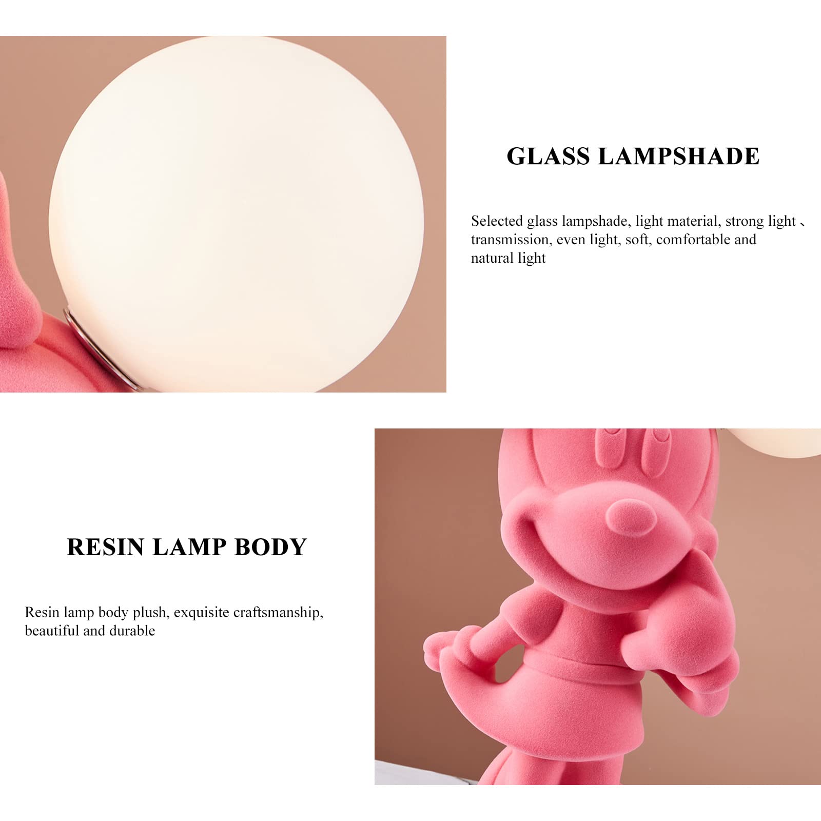 Pink Cartoon Mickey Mouse Night Light - 2-Pack Resin Table Lamp with Frosted Glass Shade & Marble Base, Cute Bedside Lamp for Girls Room, Living Room, Study Room - Perfect for Kids Bedroom Decor, Reading Nook & Cozy Nighttime Ambience