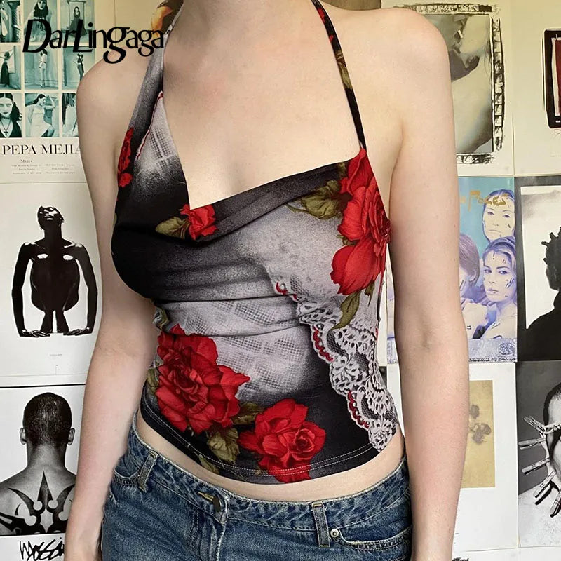 Tie Dye Backless Halter Top for Women - Sexy Crop Top with Floral Print, Streetwear & Harajuku Style - Perfect for Parties, Clubs, and Summer Outfits