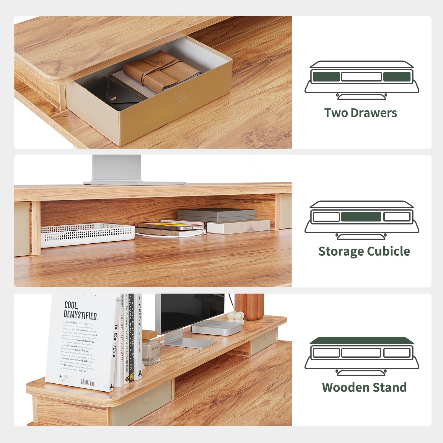 FEZIBO Solid Wood Standing Desk with Drawers - 55 x 24 Inch Adjustable Height Computer Desk with Keyboard Tray & Storage Shelf - Light Rustic Finish for Home Office, Gaming & Workspace Ergonomics