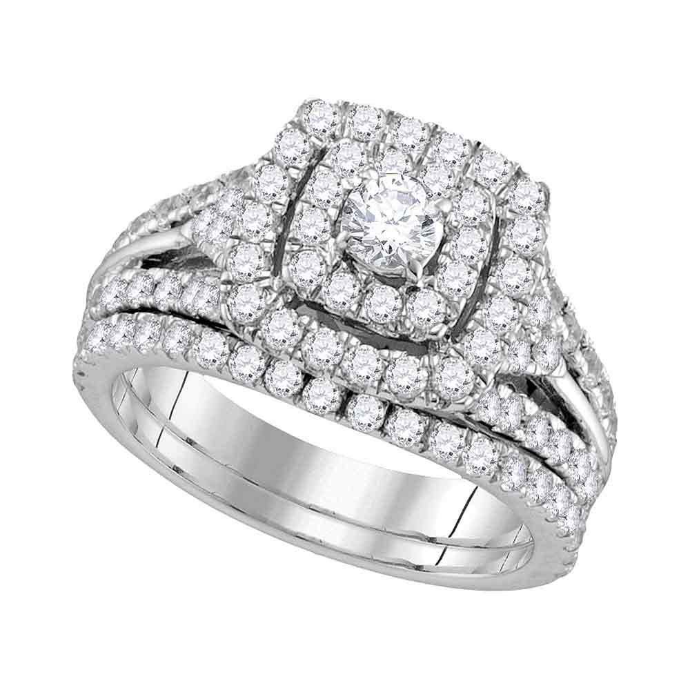 14K White Gold Women's Round Diamond Double Square Halo Bridal Wedding Engagement Ring Set 1.87 CTTW - Perfect for Proposals, Anniversaries & Special Occasions